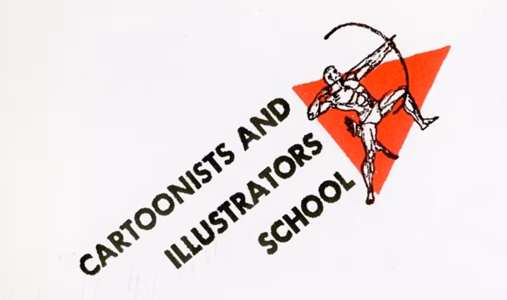 VINTAGE logo of the former Cartoonists and Illustrators School, now known as School of Visual Arts. It. has the schools name in all caps sans serif font, with a red triangle ; superimposed on the triangle ia a brawny figure with a bow and arrow