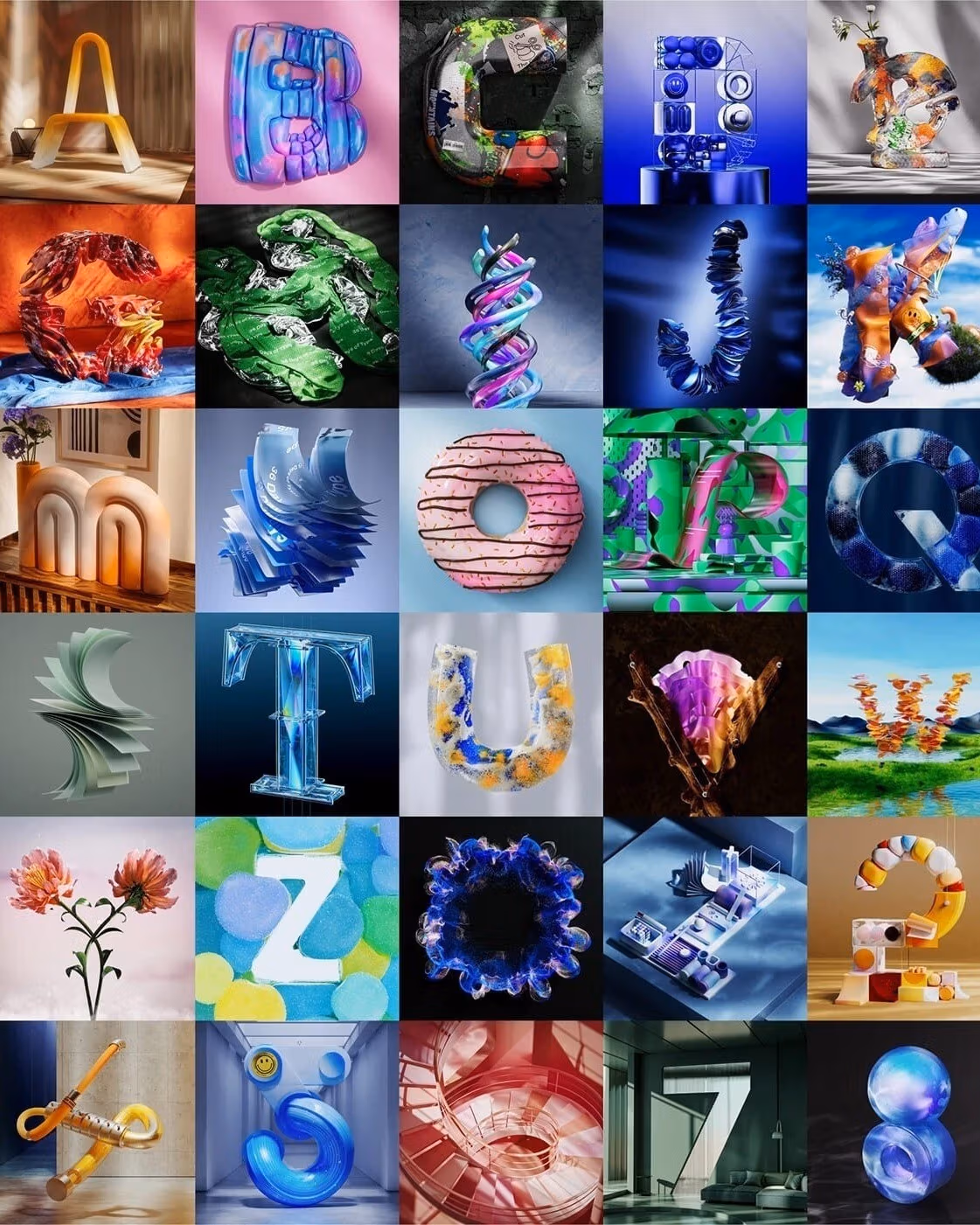 3D renders of objects creatively shaped into the letters of the alphabet. 