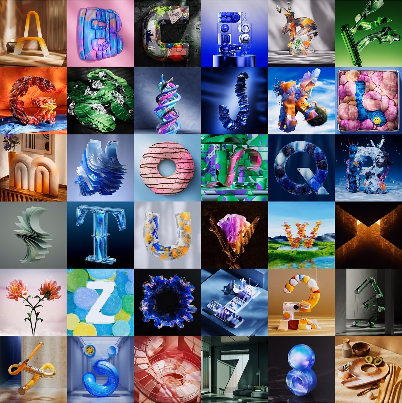 3D renders of objects creatively shaped into the letters of the alphabet. 