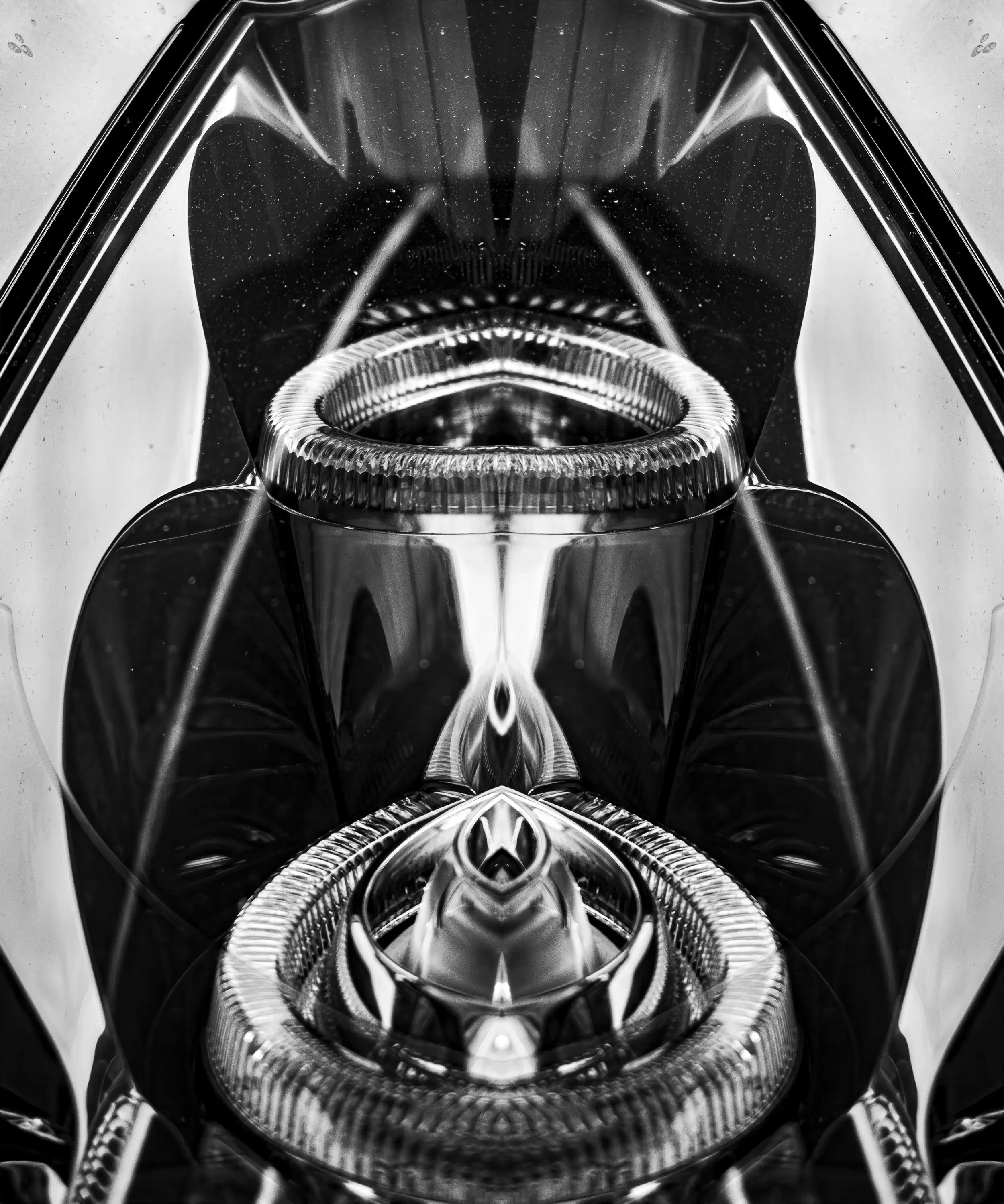 This image features a turned off car headlight reflecting the street of downtown Manhattan. The base image is then doubled in post production to create a larger cosmic form.