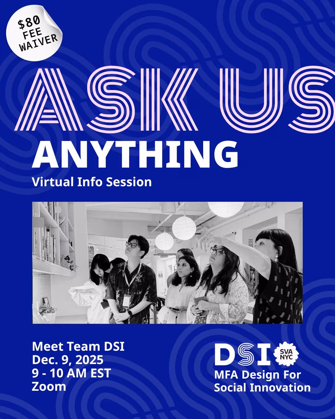 Dark blue background with black and white photo in the middle of Students looking up at library with instructor pointing