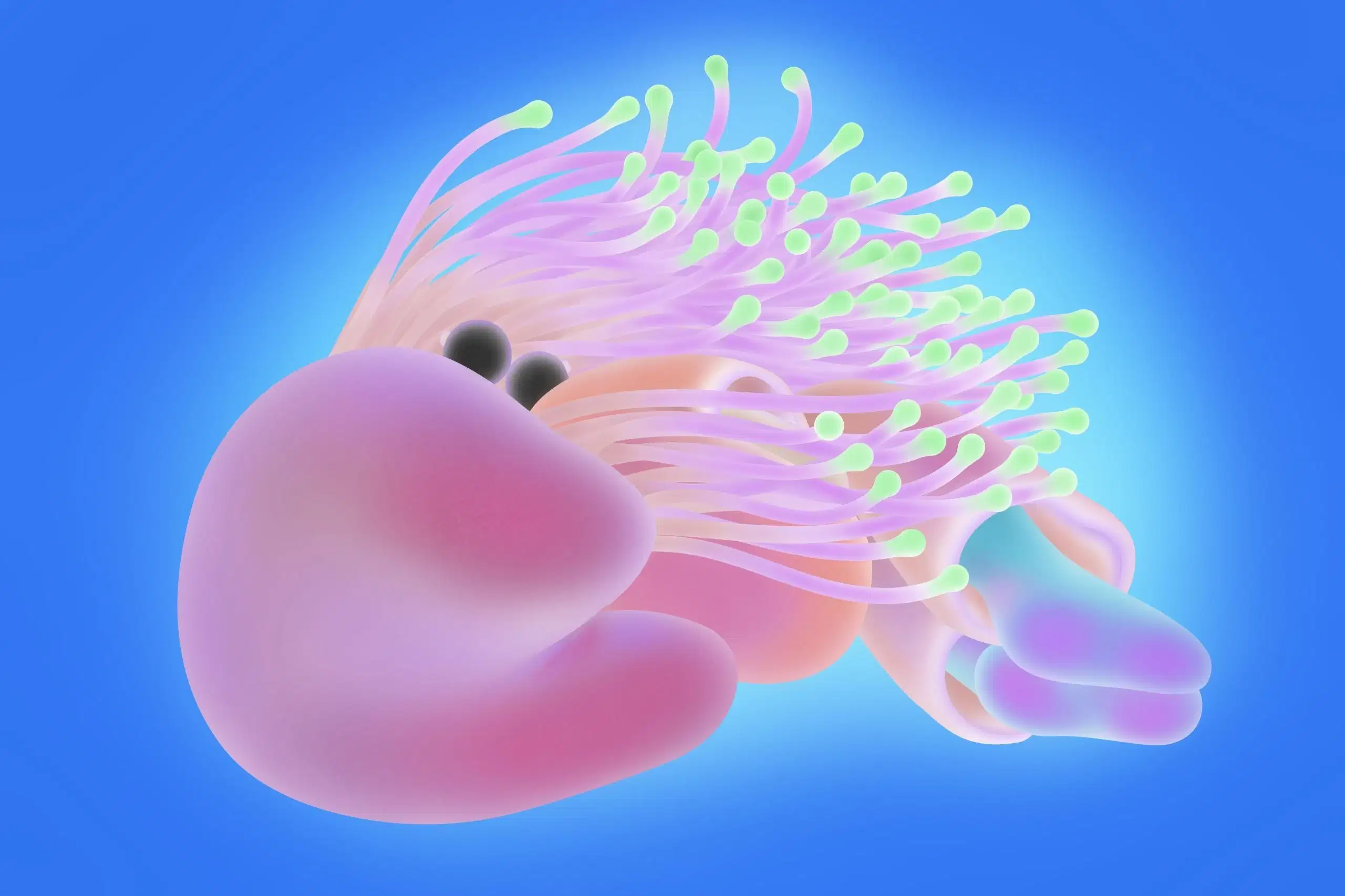 Colorful abstract sea creature with a pink, cloud-like body, black eyes, and flowing purple tentacles with green tips, set against a vibrant blue background.