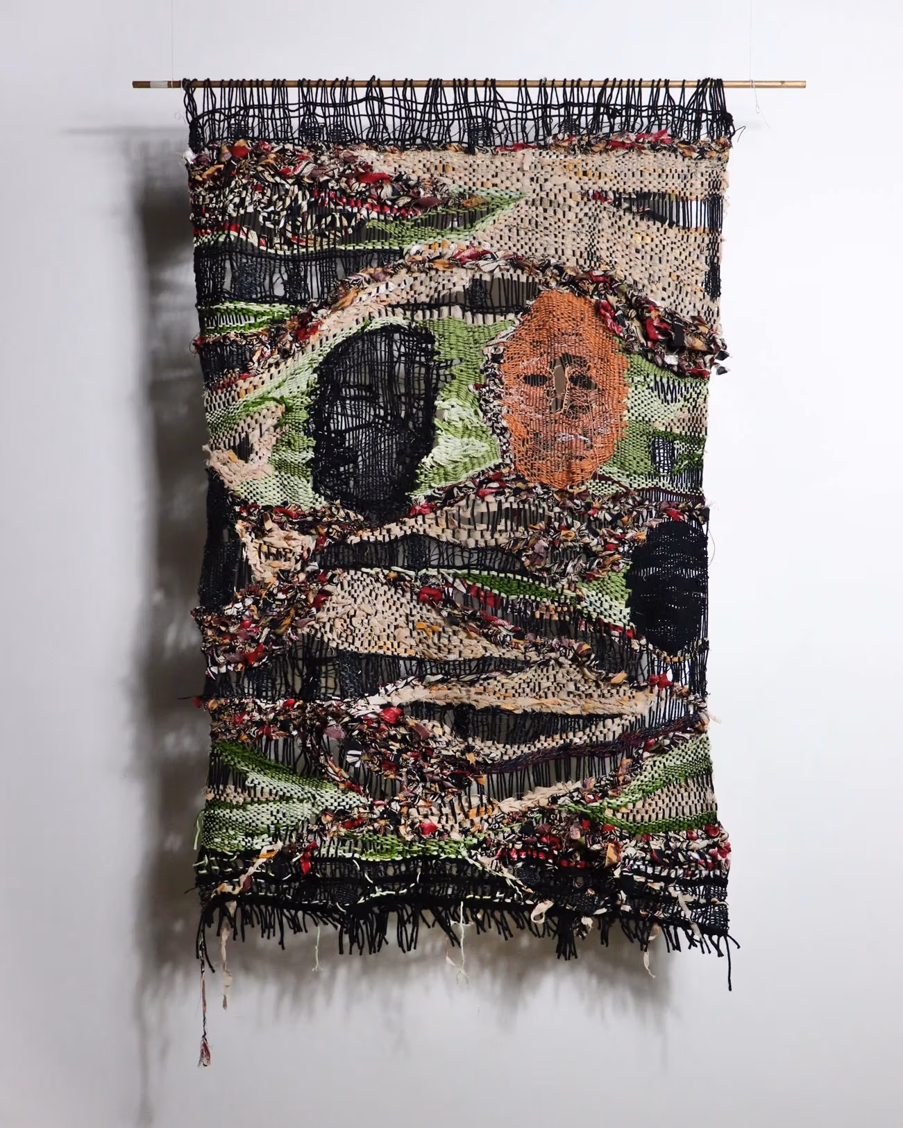 Jessica Elena Aquino, The pain they felt as the roots of their soul pulled away and severed themselves from Earth, 2021, Frame loom woven, yarn, bedsheets, 40 x 30 inches.