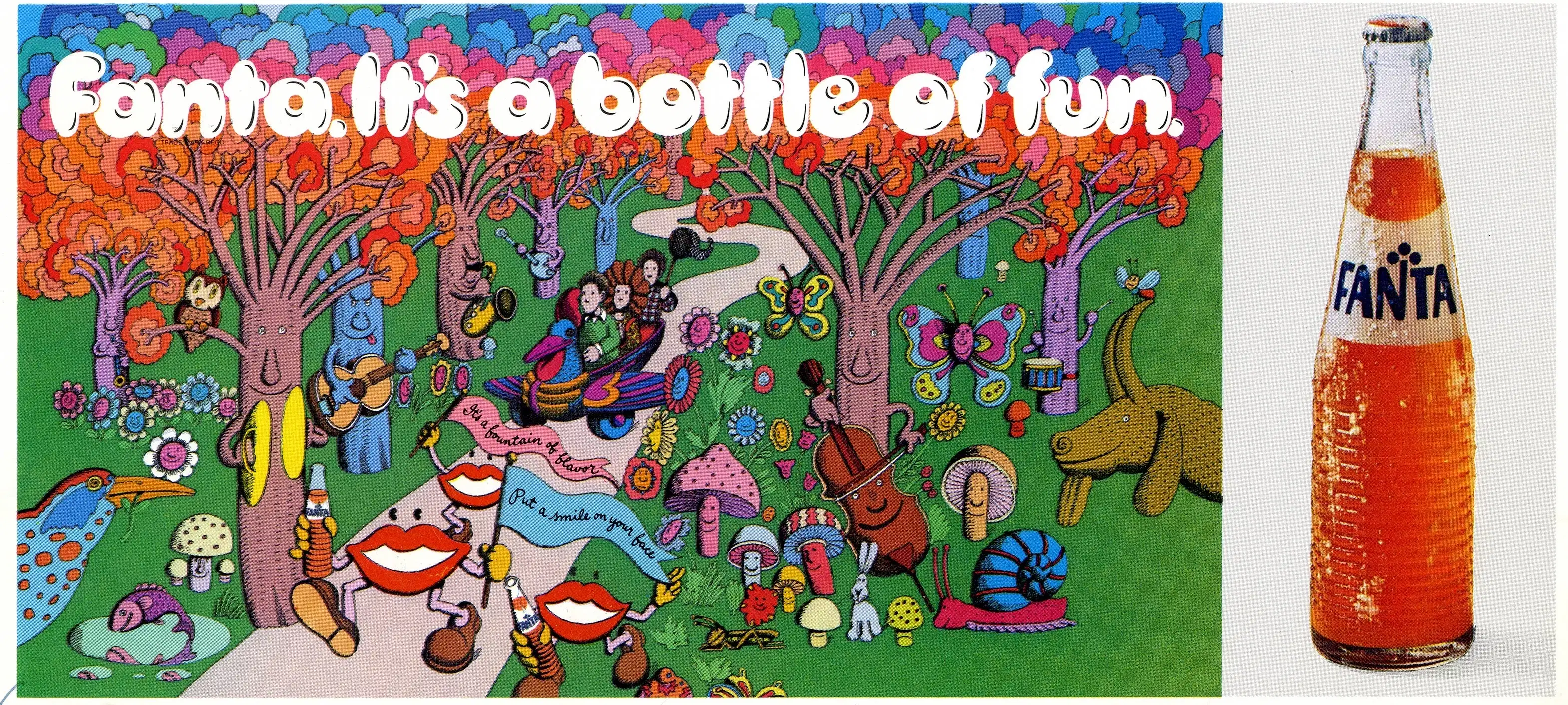 A grroovy, psychedelic and surreal image of a forest with trees playing instruments, various animals, smiling lips walking on two feet and various merry making next to a glass bottle of orange fizz Fanta.