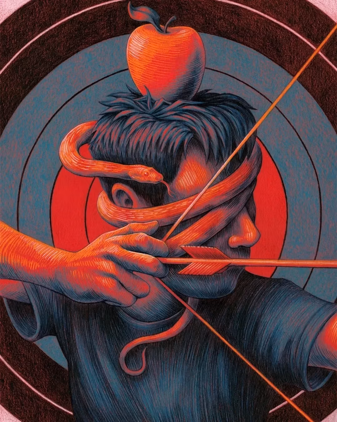 A man holding an apple in one hand and a bow in the other, standing outdoors with a focused expression.