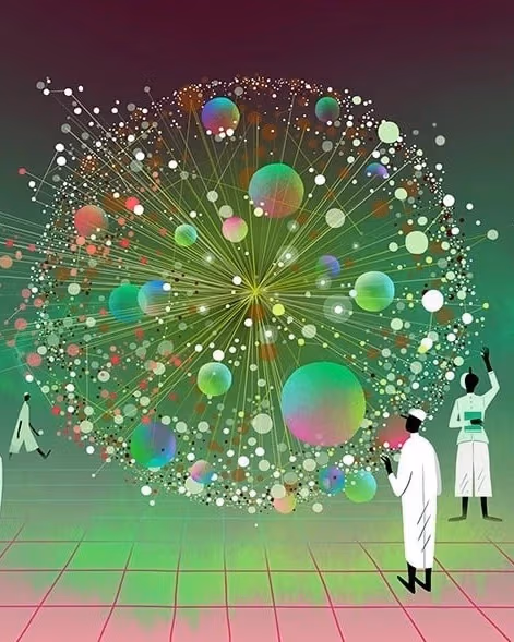 A group of individuals in lab coats collaborates on a computer, engaged in scientific research or analysis.