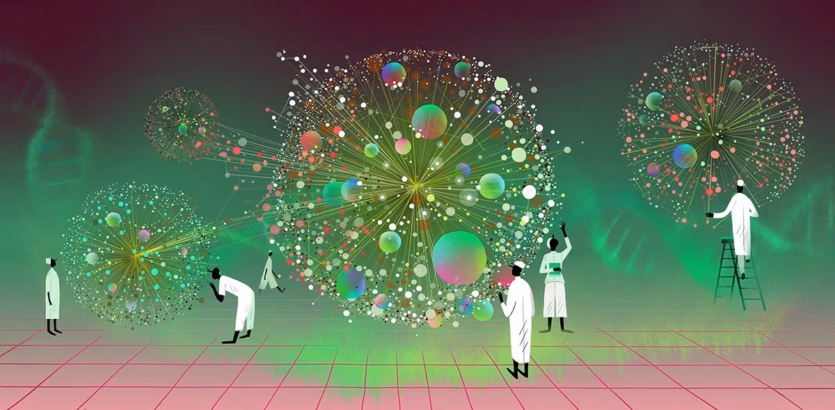 A group of individuals in lab coats collaborates on a computer, engaged in scientific research or analysis.