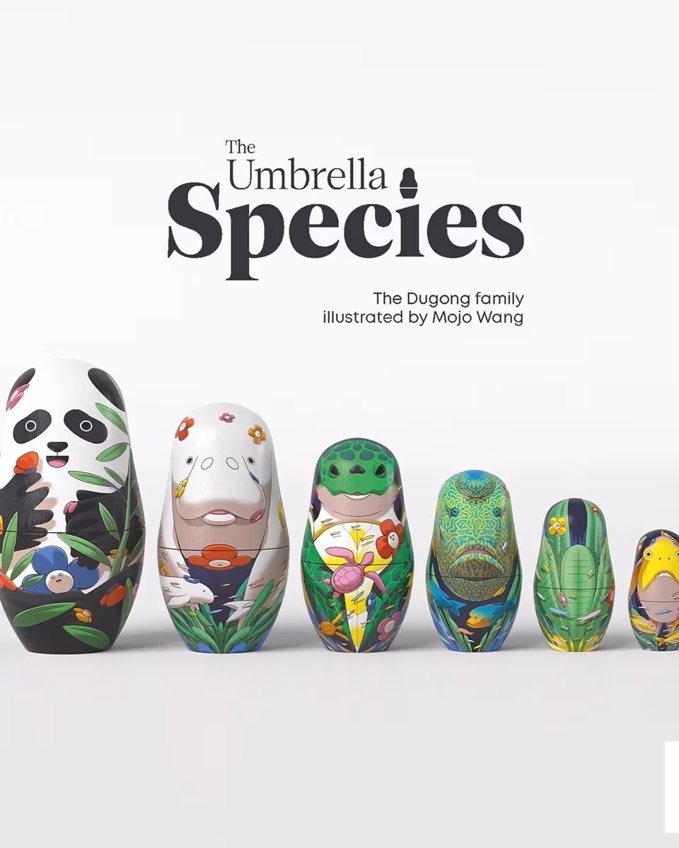 Six matryoshka dolls, lined up from biggest to smallest. They are illustrated respectively with a panda, a dugong, a sea turtle, a Humphead wrasse fish, an underwater plant, and a Pacific Yellowtail Emperor fish. Text above them reads: "The Umbrella Species: The Dugong Family, illustrated by Mojo Wang.