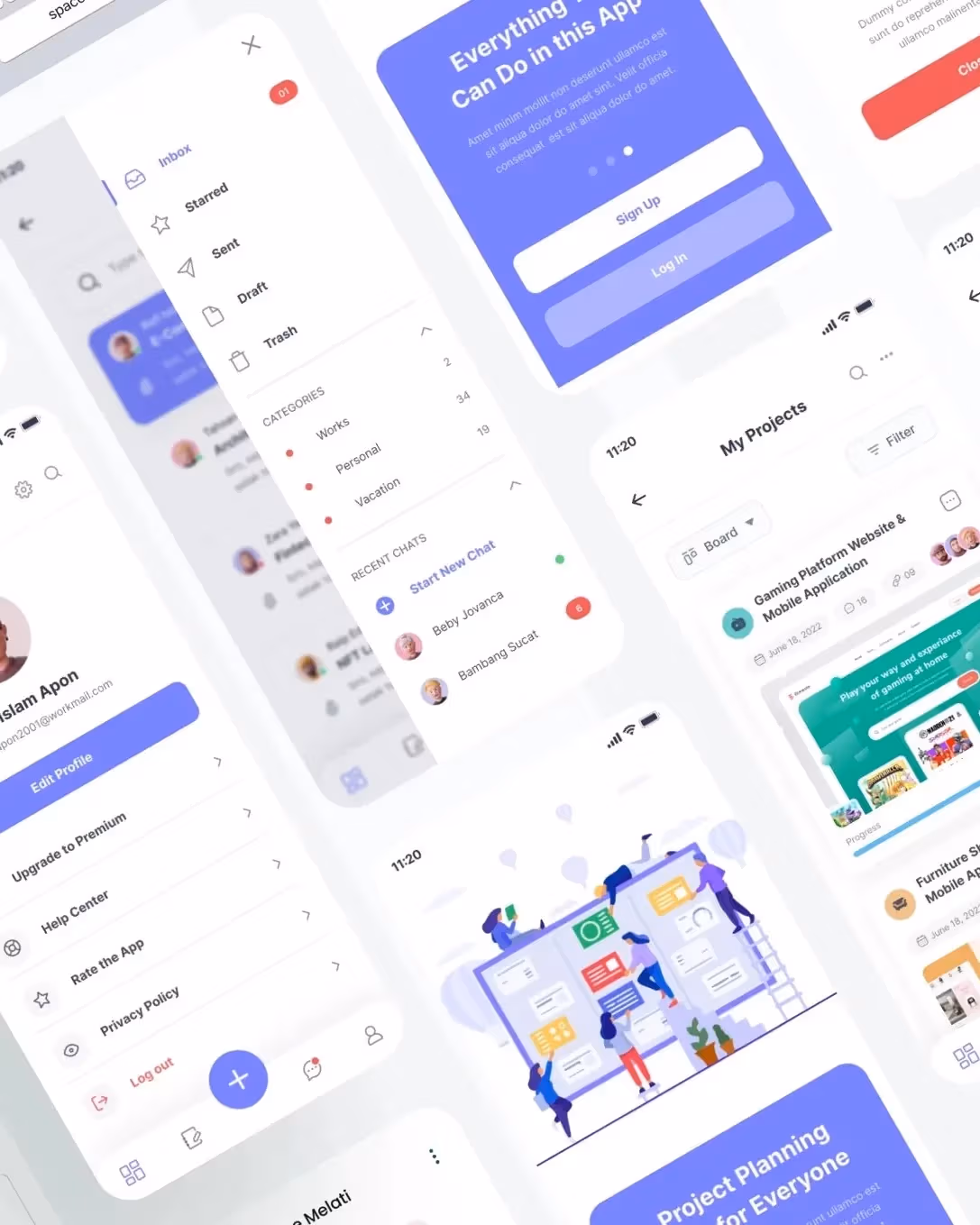 A slanted grid of app screens