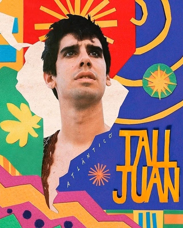 Collage of colorful papers cut out decoratively around a picture of a man placed inside a cutout of the outline of the South American continent. The title reads in small font "Atlantico" and then in large cut out paper font "Tall Juan".