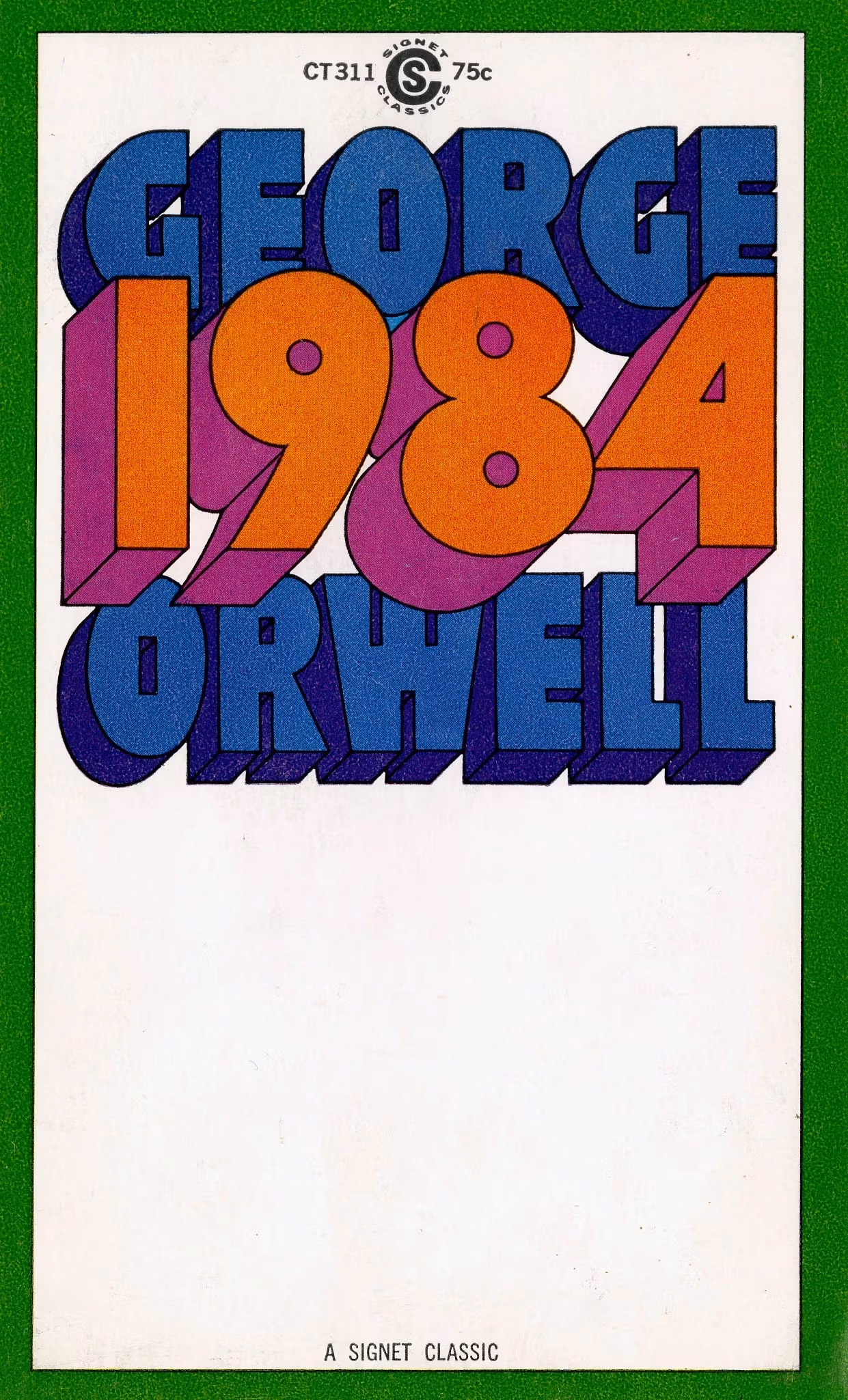 A book cover on a white background with green trim, the words "George Orwell, 1984" written in blue and orange hand drawn fonts.