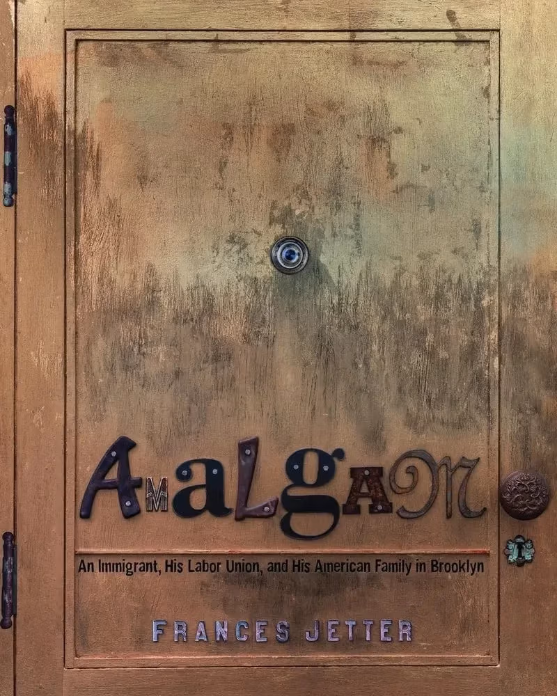 A book cover resembling a wooden cabinet door with a peephole. A bunch of letters in different colors, fonts, and sizes combine to spell 'Amalgam.'