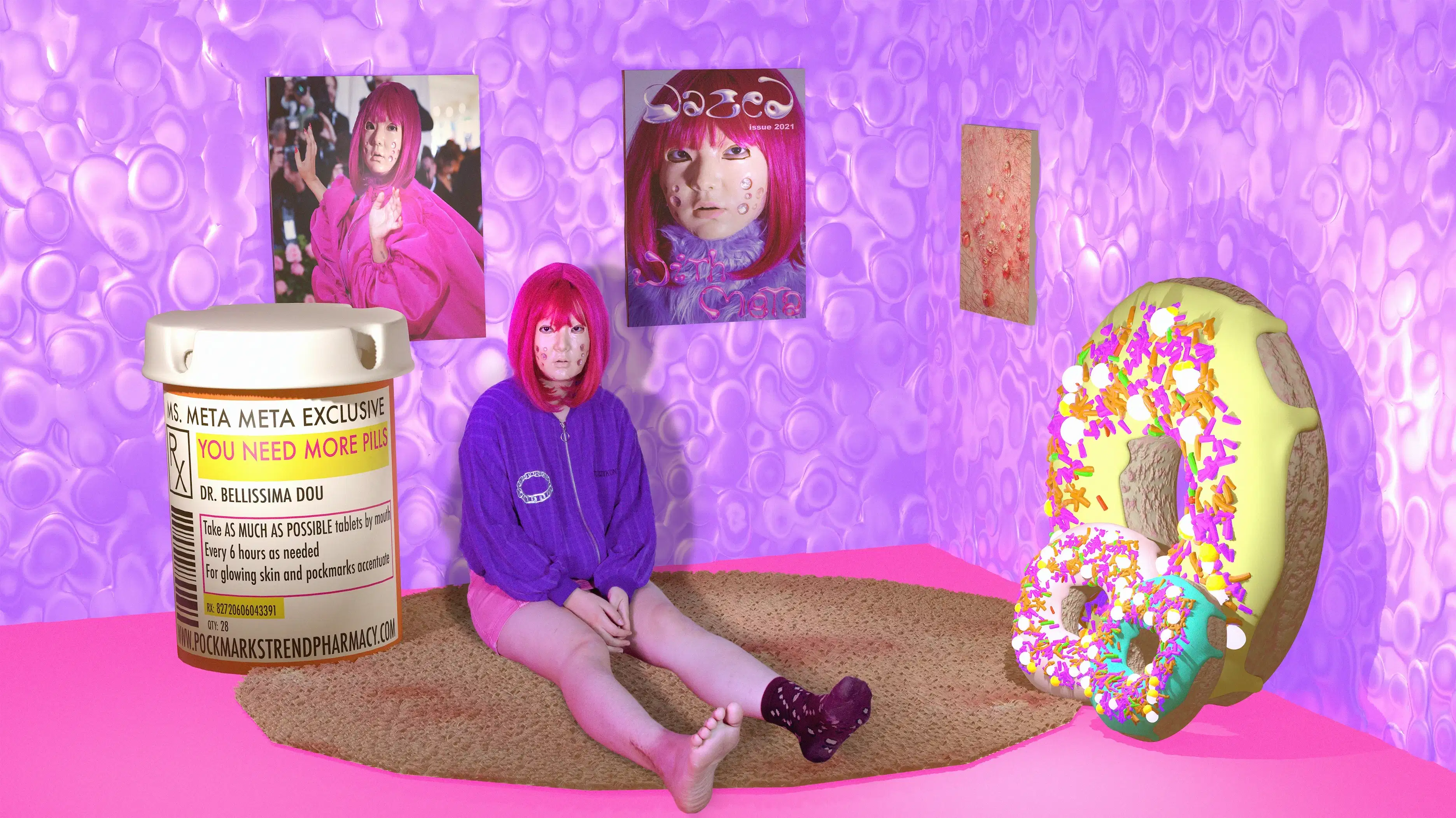 Woman with pink hair sitting between a large prescription bottle and large donuts 
