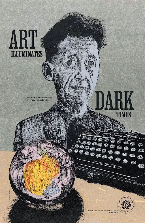 A gray poster depicting a gaunt looking man with a typewriter and a crystal ball depicting a group of people burning books.