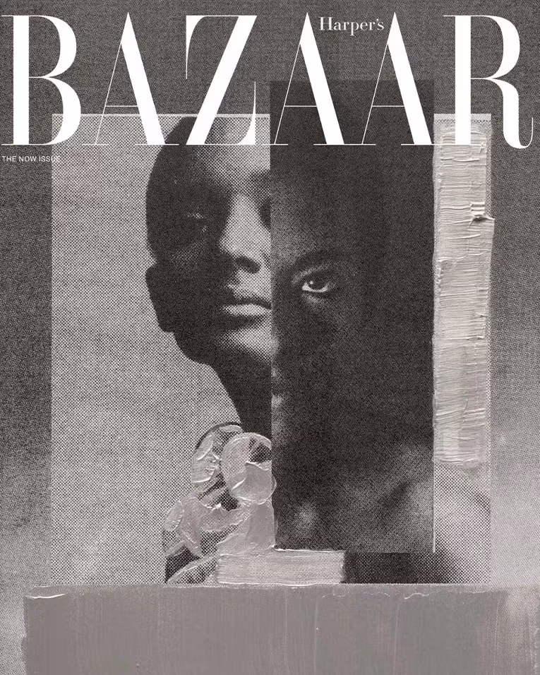 On the left is a Harper's Bazaar magazine cover with a grayscale aesthetic featuring two pictures of black people and white and gray paint. THe right pictures that cover along with five others, one of them simply being gray with main strokes of lighter gray and white.