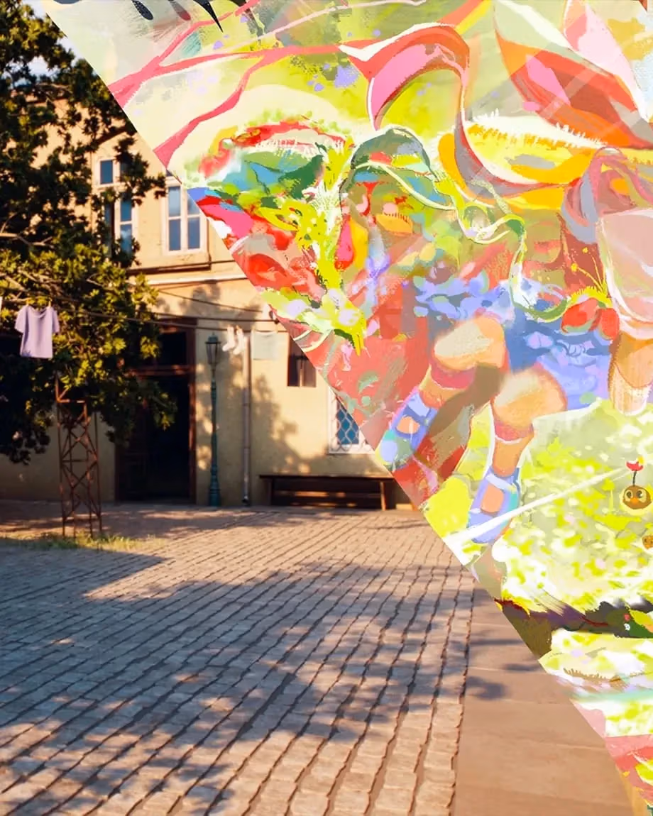 3D animation image of outdoor space with cobblestone street with a teal bike leaning against a terracotta brick building. 