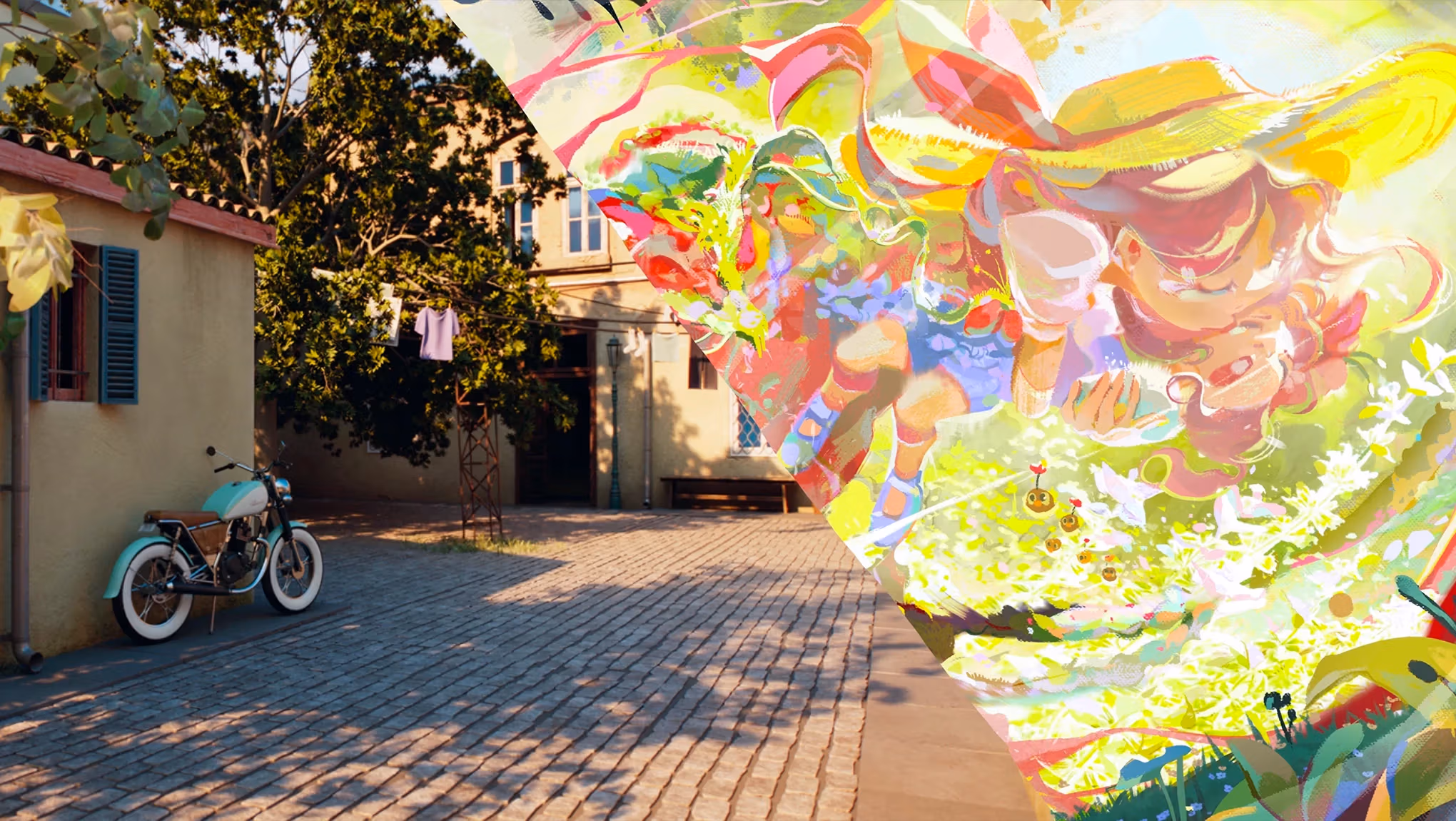 3D animation image of outdoor space with cobblestone street with a teal bike leaning against a terracotta brick building. 