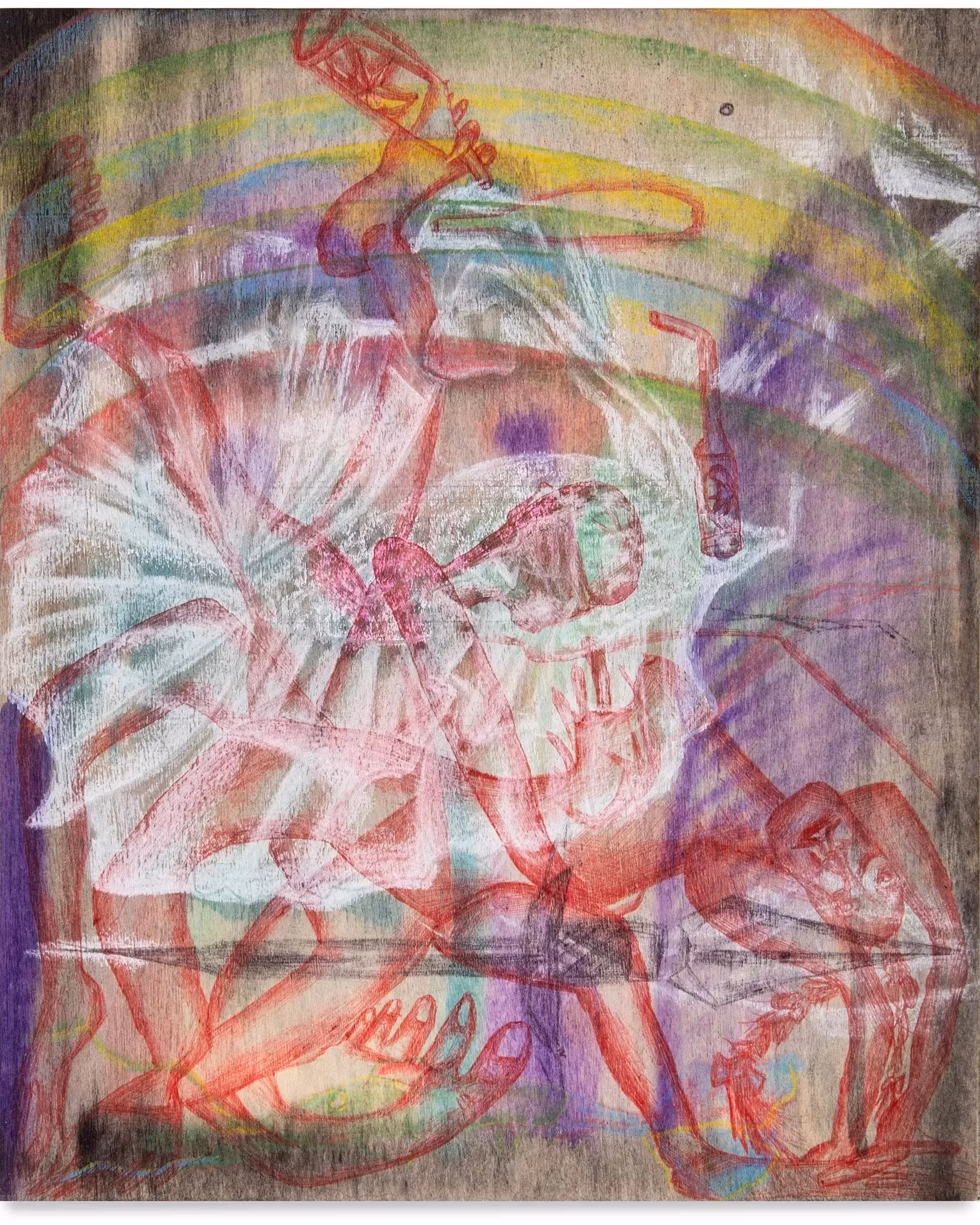 An semi-abstract drawing showing ballerina-like figures in various poses, overlaid atop each other as though in motion.