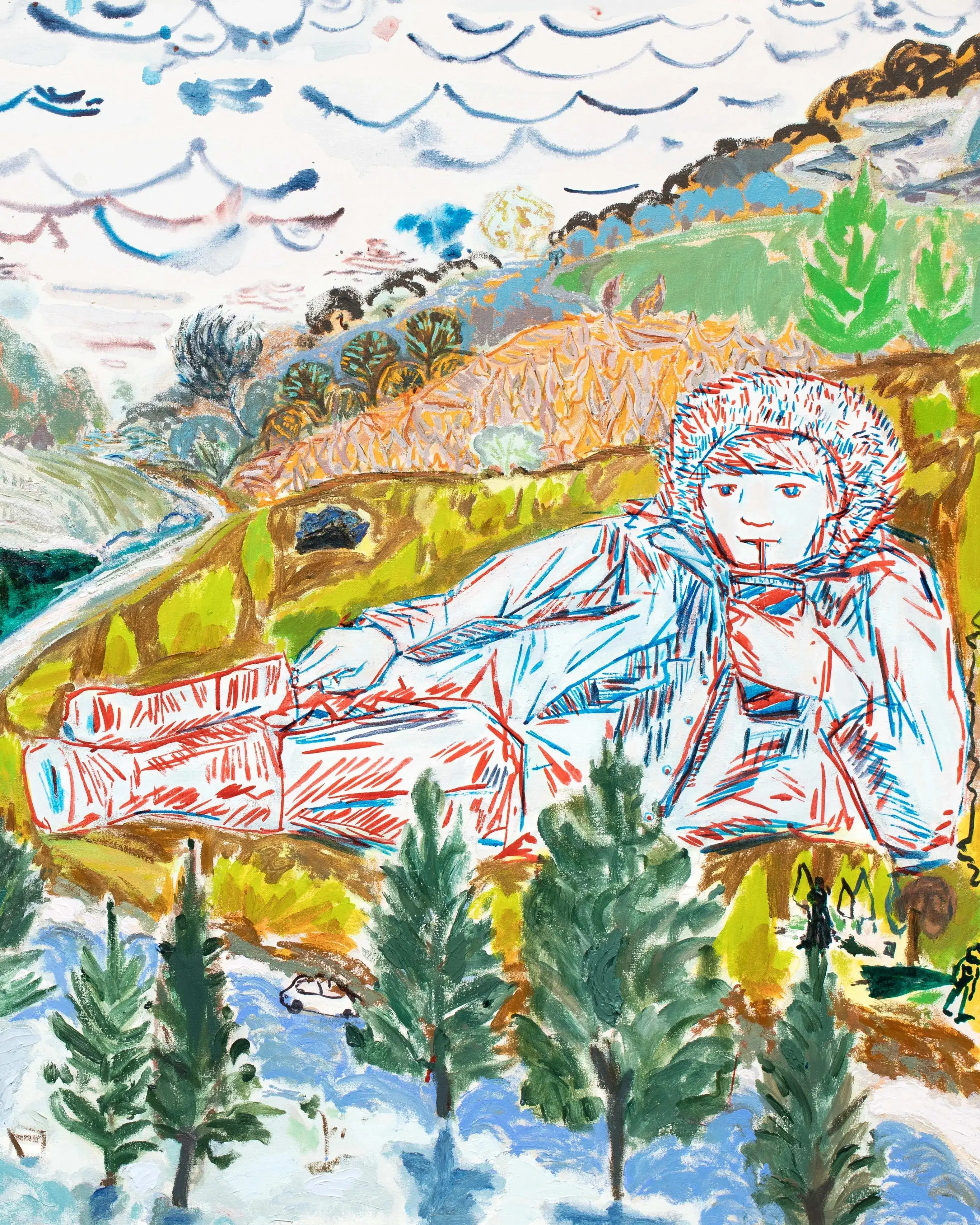 Painting by Lisa Sanditz entitled Big Boy/Big Gulp. A large boy in winter dress is situated in the mountains, drinking a big gulp.