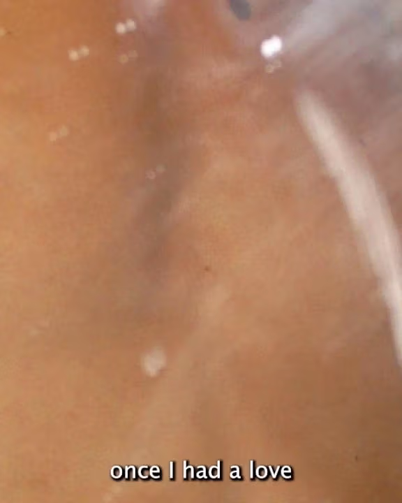 video still showing a closeup of a chest in a shower, with a subtitle reading once I had a love at the bottom of the frame