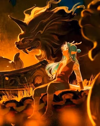 An illustration of a person with pointy ears, long teal hair, and horns sitting on the roof of a Chinese temple. There are trees all around in a beautiful orange hue.