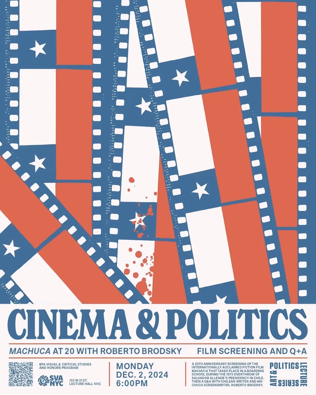 Event poster, film strips with Chilean flag and a splatter of blood
