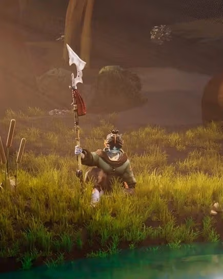 A warrior kneels in a sunlit forest clearing by a pond, clutching a spear. Tall trees surround, with mushrooms on trunks and grass underfoot, evoking tranquility.