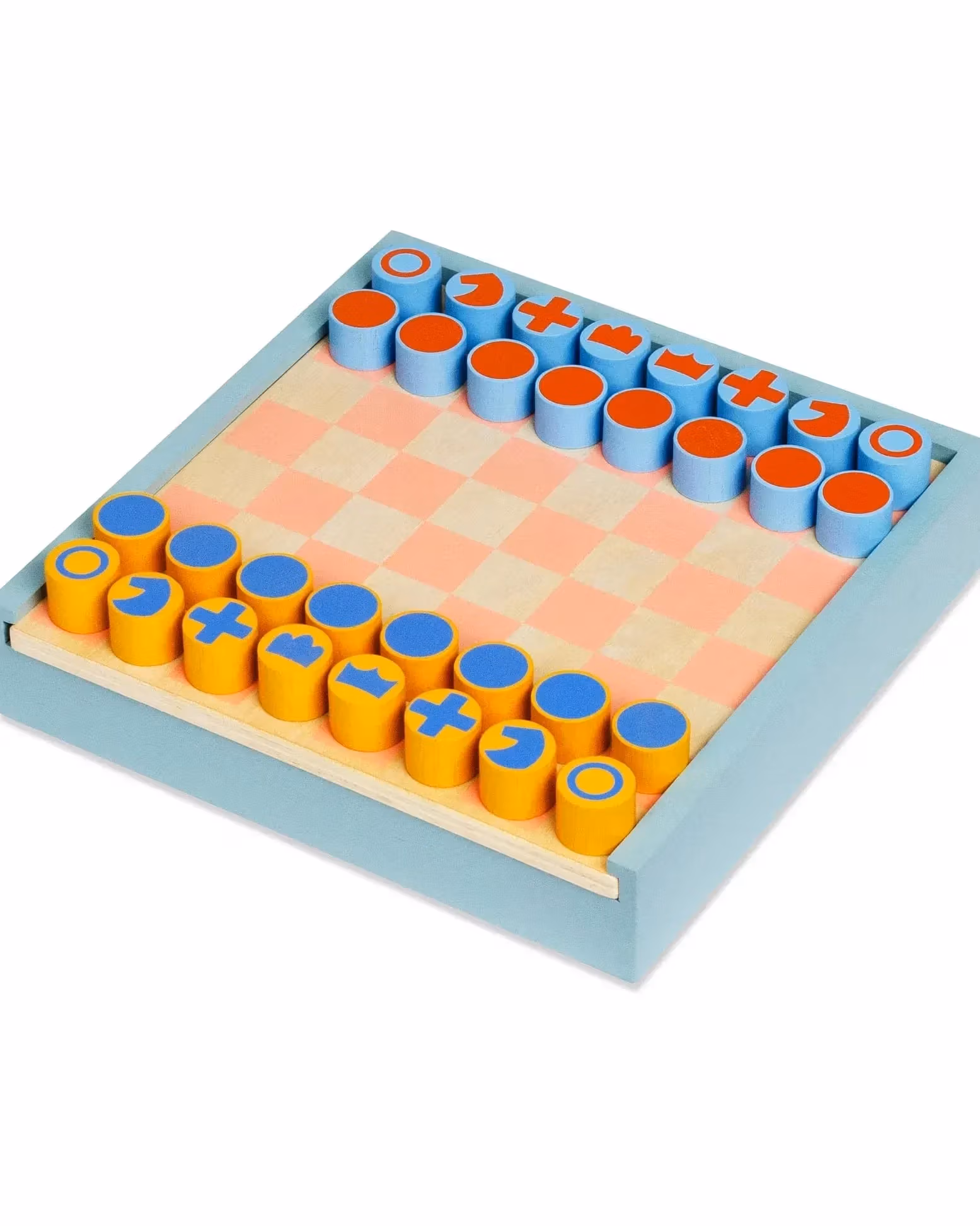A pink and beige checkerboard with a blue border. The pieces are yellow cylinders with the symbols in blue on the top or light blue cylinders with the symbols in red-orange on top.