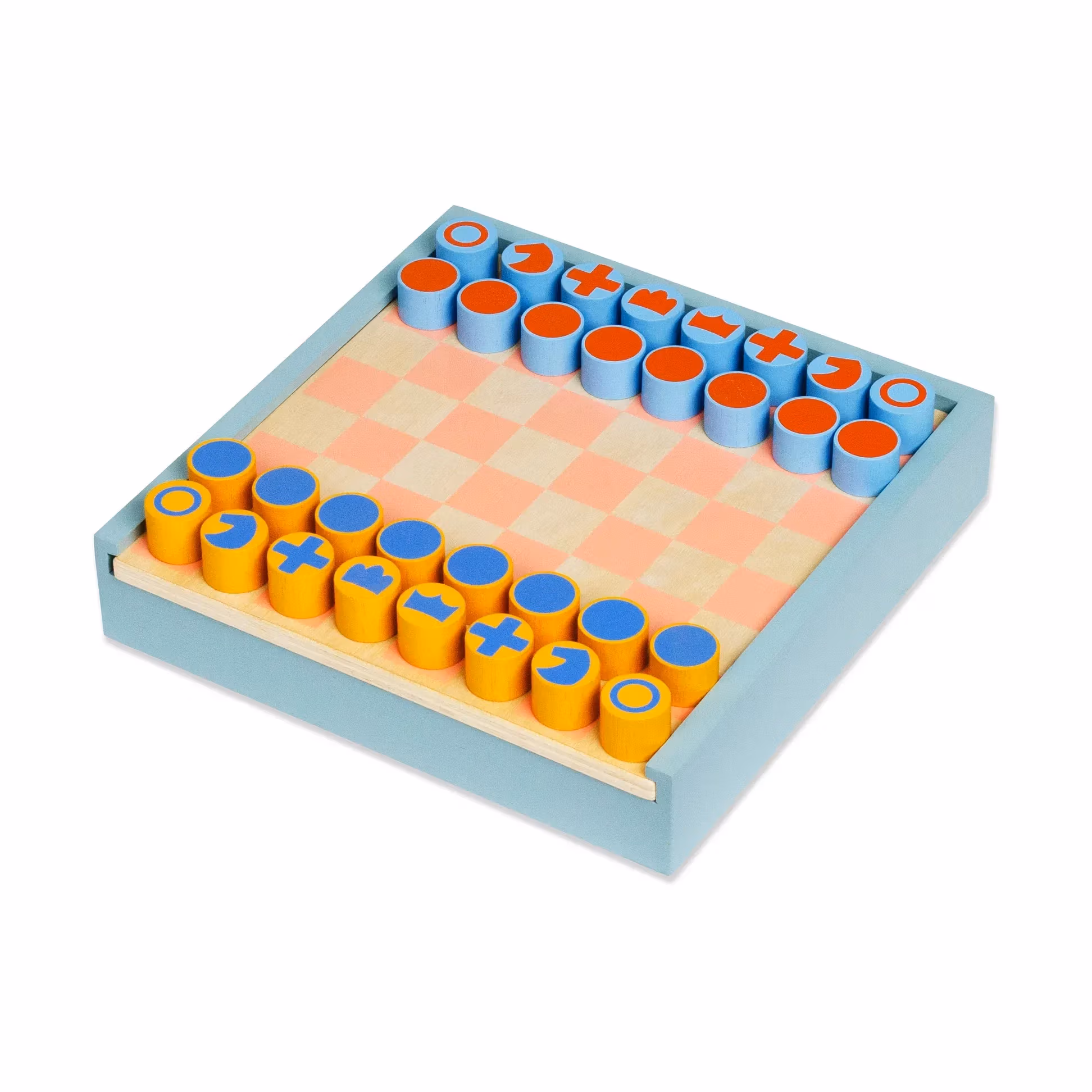 A pink and beige checkerboard with a blue border. The pieces are yellow cylinders with the symbols in blue on the top or light blue cylinders with the symbols in red-orange on top.