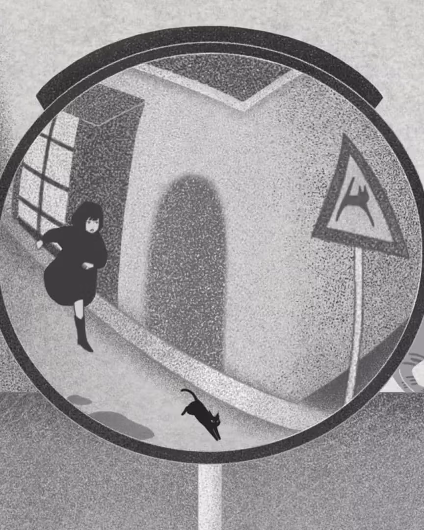 A black and white stippled image of a round convex mirror in which you see girl chasing a black hat.