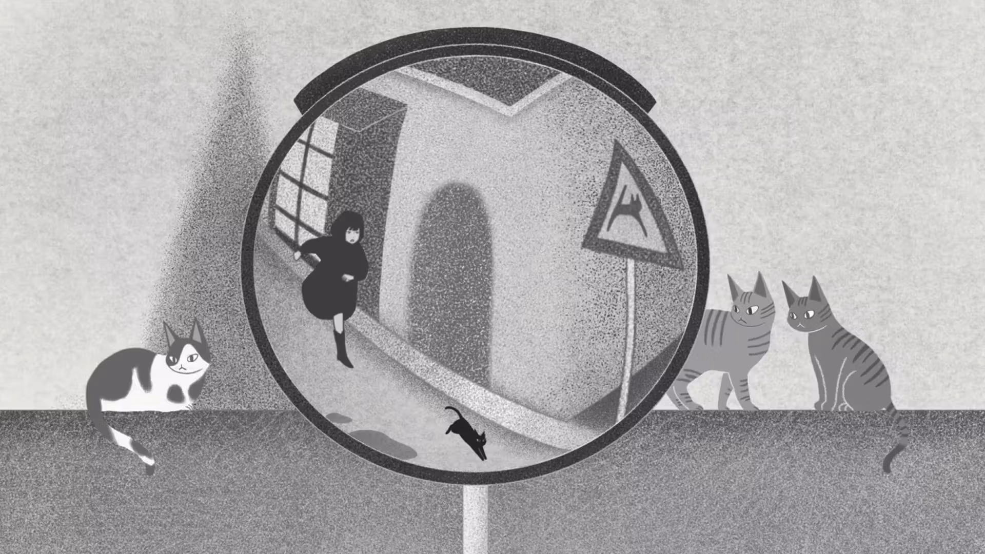 A black and white stippled image of three cats surrounding a mirror in which you can see the reflection of a girl chasing a black hat.