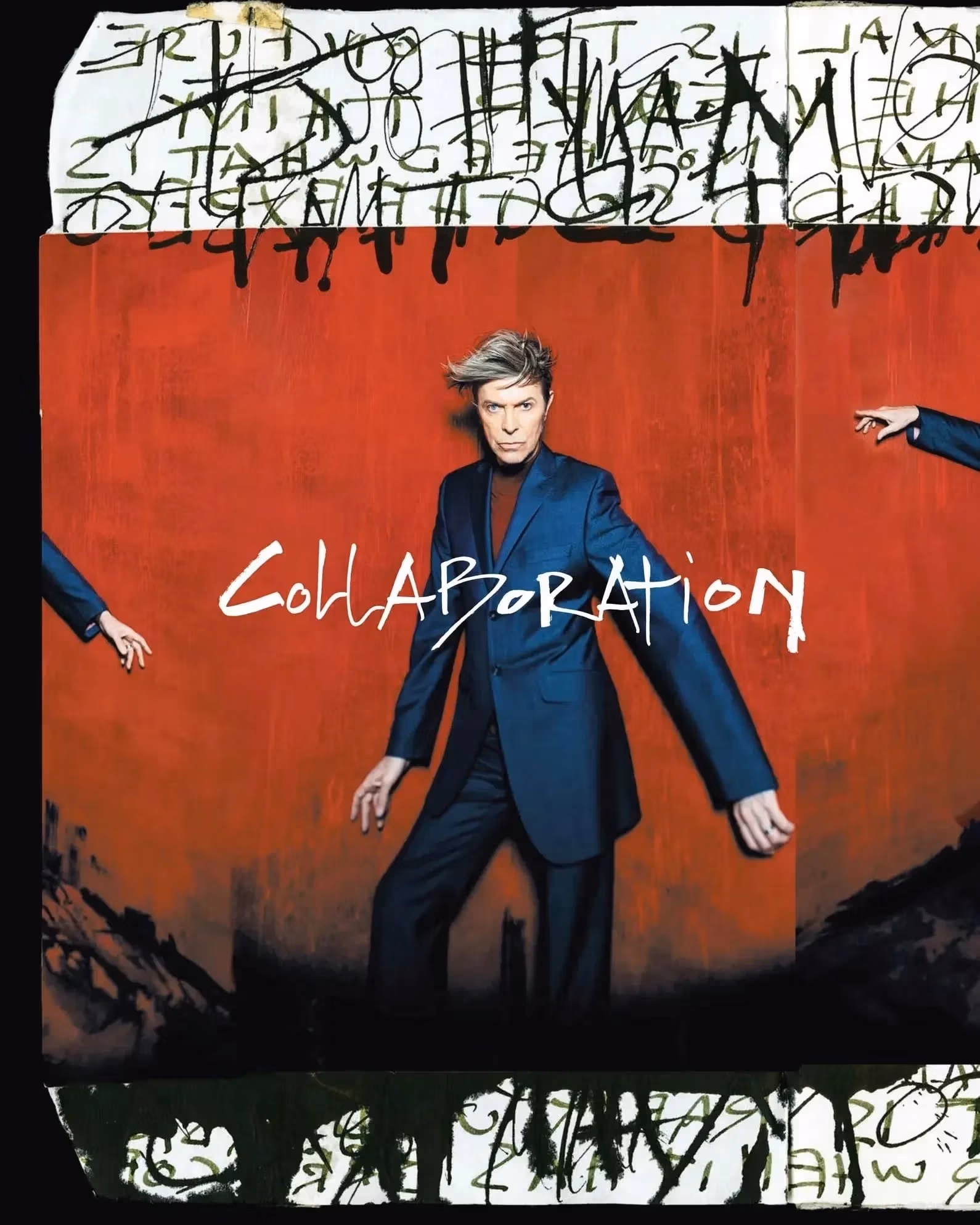 A person in a blue suit poses against a red background, with the word "Collaboration" in white stylized font. Abstract black and white designs border the image.