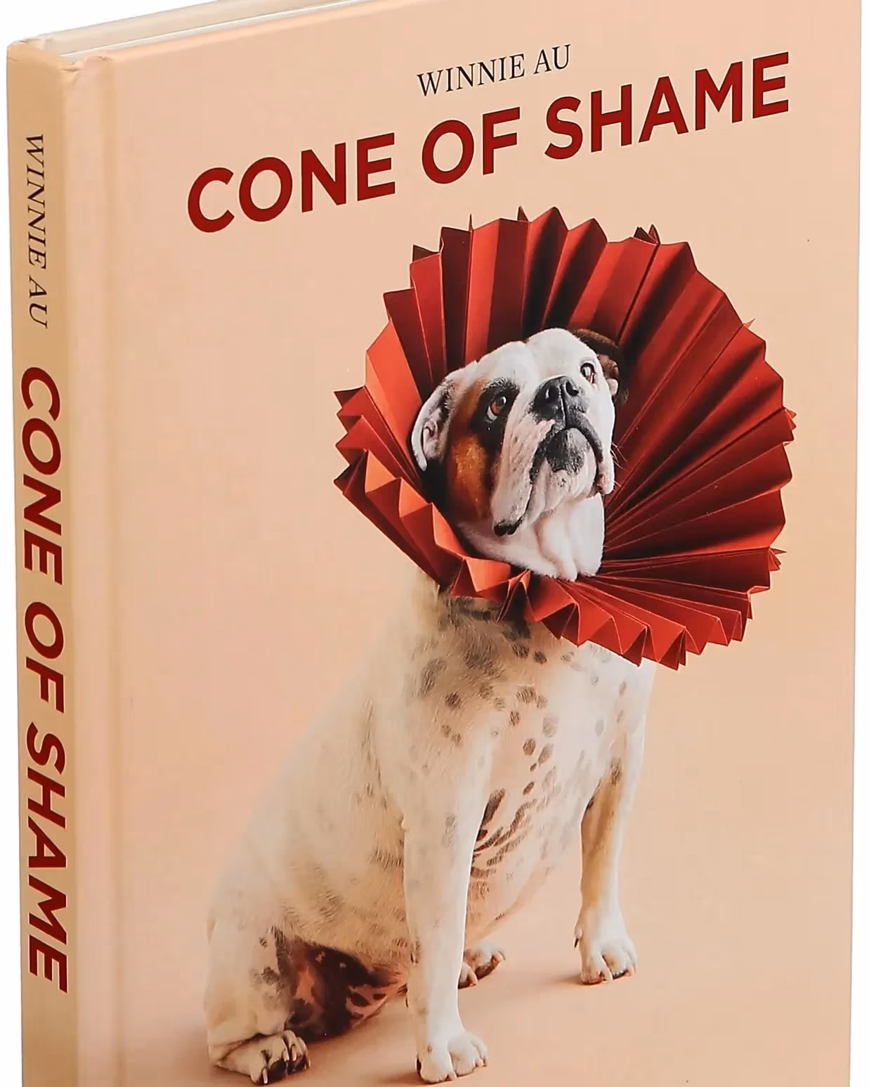 A book titled 'Cone of Shame' by Winnie Au and designs by Marie-Yan Morvan. The cover image is a dog with a red fan-like cone around his neck.