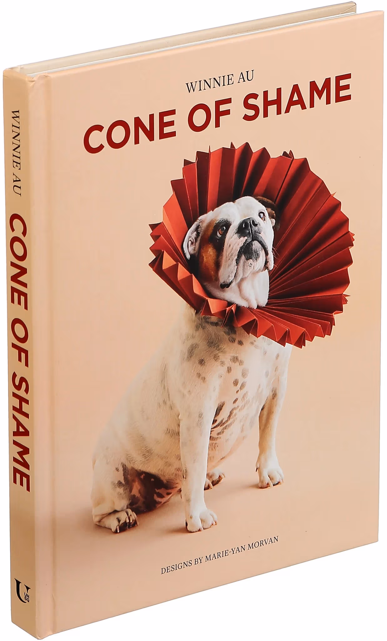 A book titled 'Cone of Shame' by Winnie Au and designs by Marie-Yan Morvan. The cover image is a dog with a red fan-like cone around his neck.