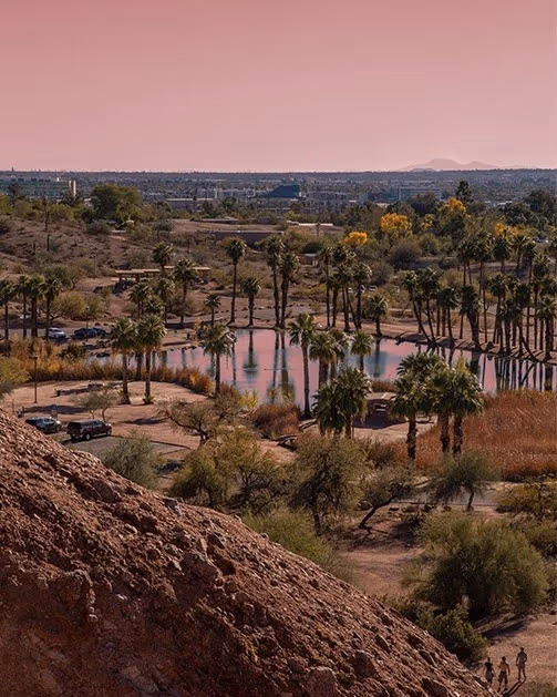 A vivid pink sunset over a desert landscape with a rocky outcrop in the bottom left corner. Palm trees and desert vegetation peek from below. Three men stand in the bottom right corner, small in size against the expansive desert backdrop.