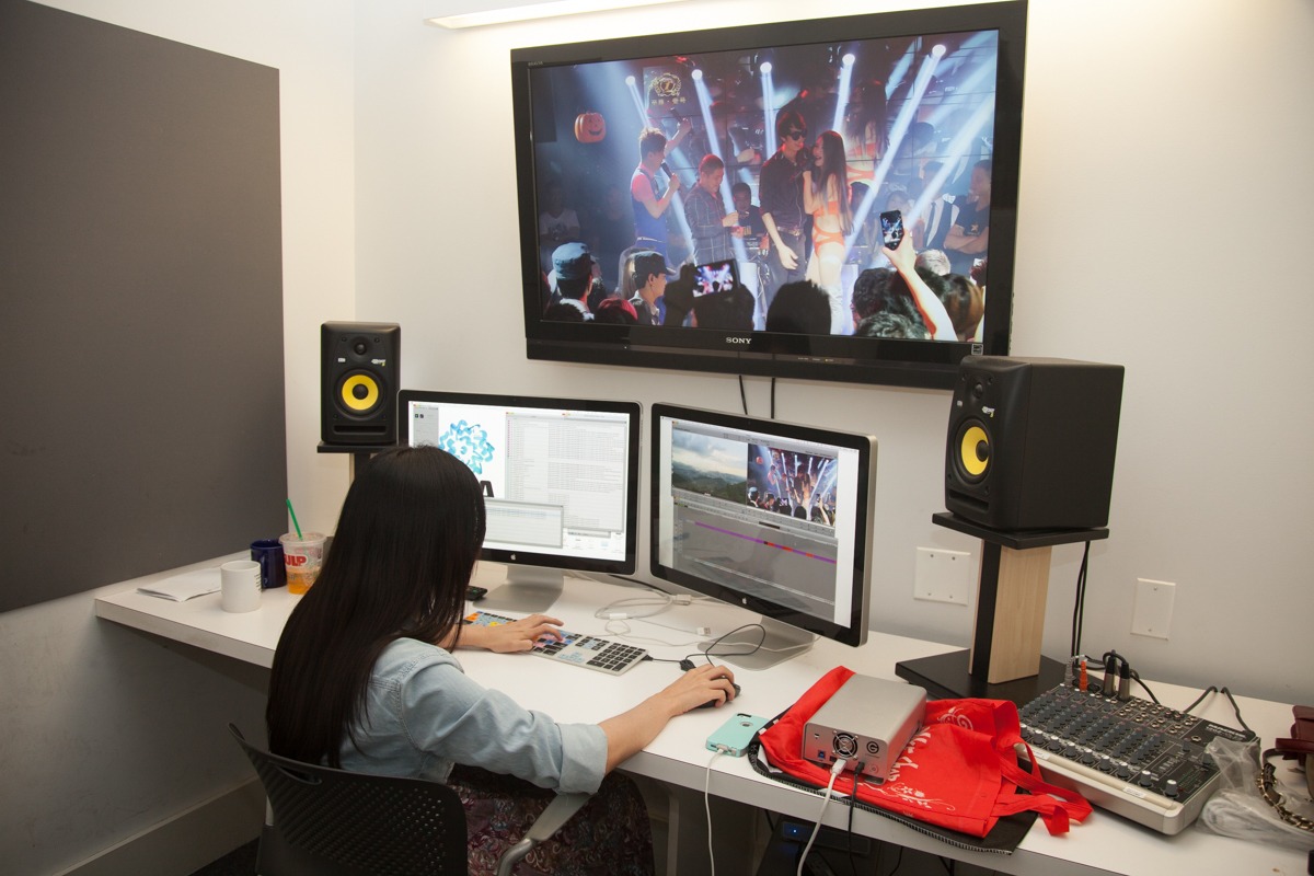 Student working in video production suite.