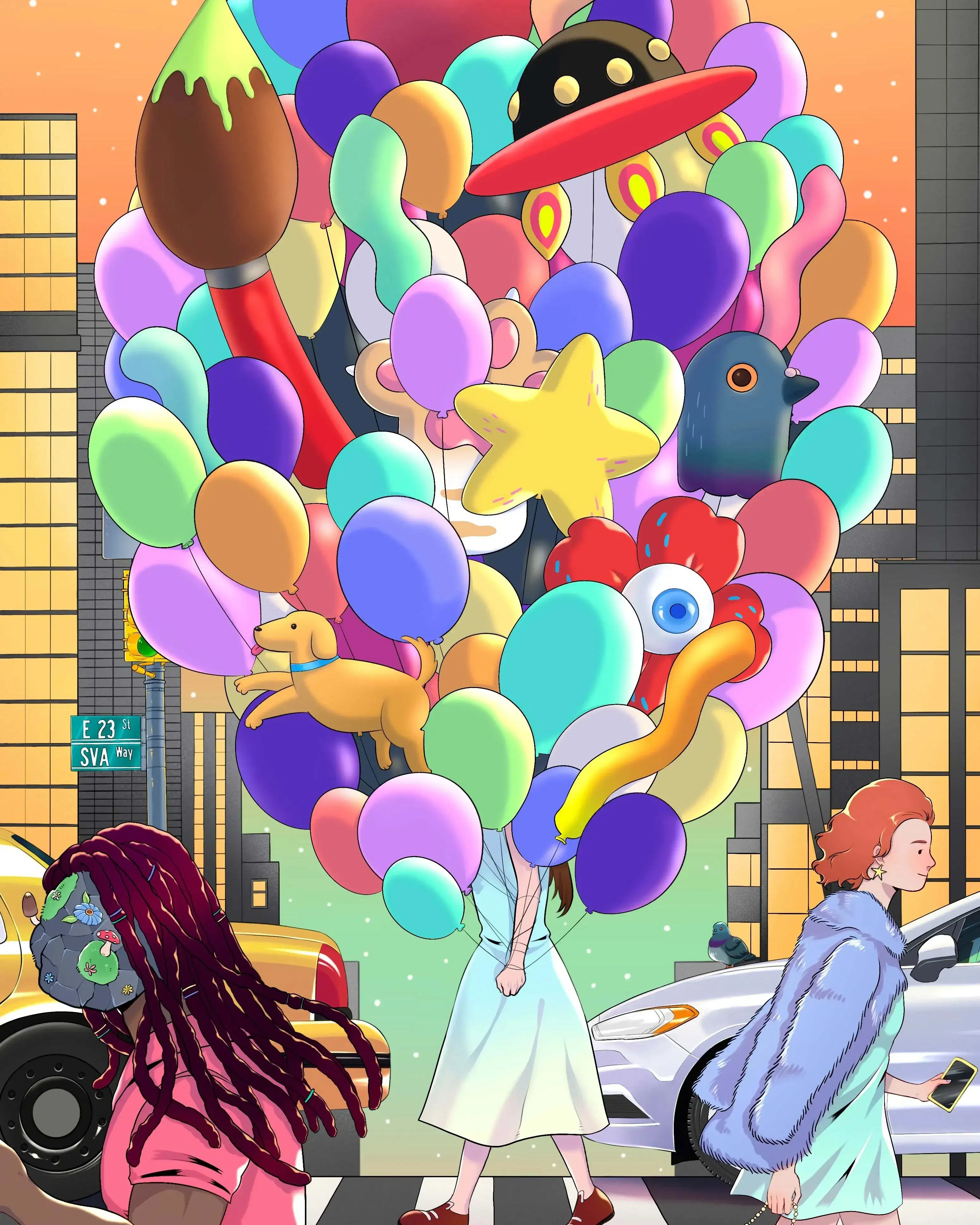 A vibrant scene of people crossing a city street at sunset. One carries a massive bunch of colorful balloons with whimsical shapes, adding an element of wonder.