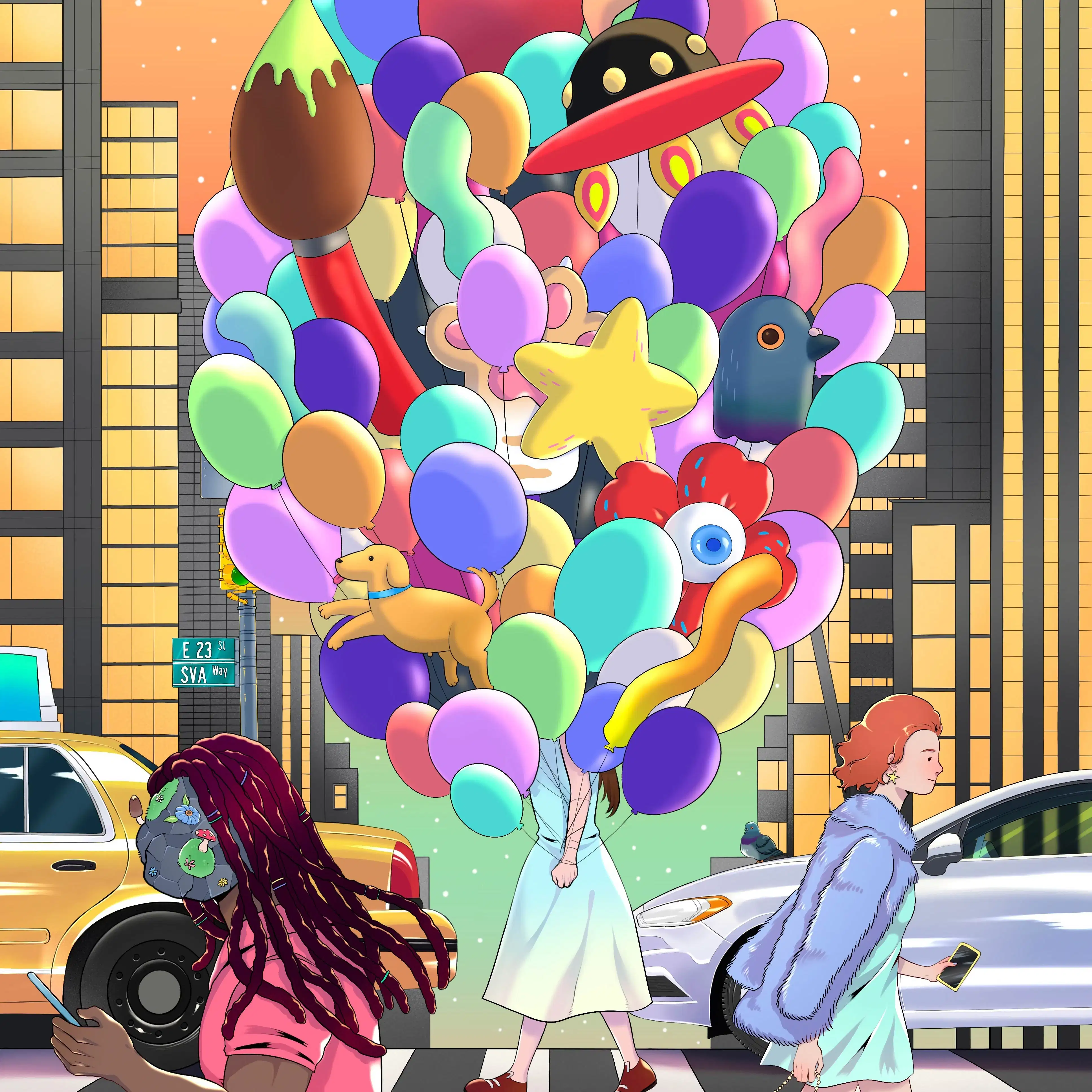 A vibrant scene of people crossing a city street at sunset. One carries a massive bunch of colorful balloons with whimsical shapes, adding an element of wonder.