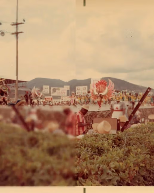 Archival photograph of a crowd at a celebration outside with people watching performers in costumes. Parts of the photograph are blurred to obscure identities.