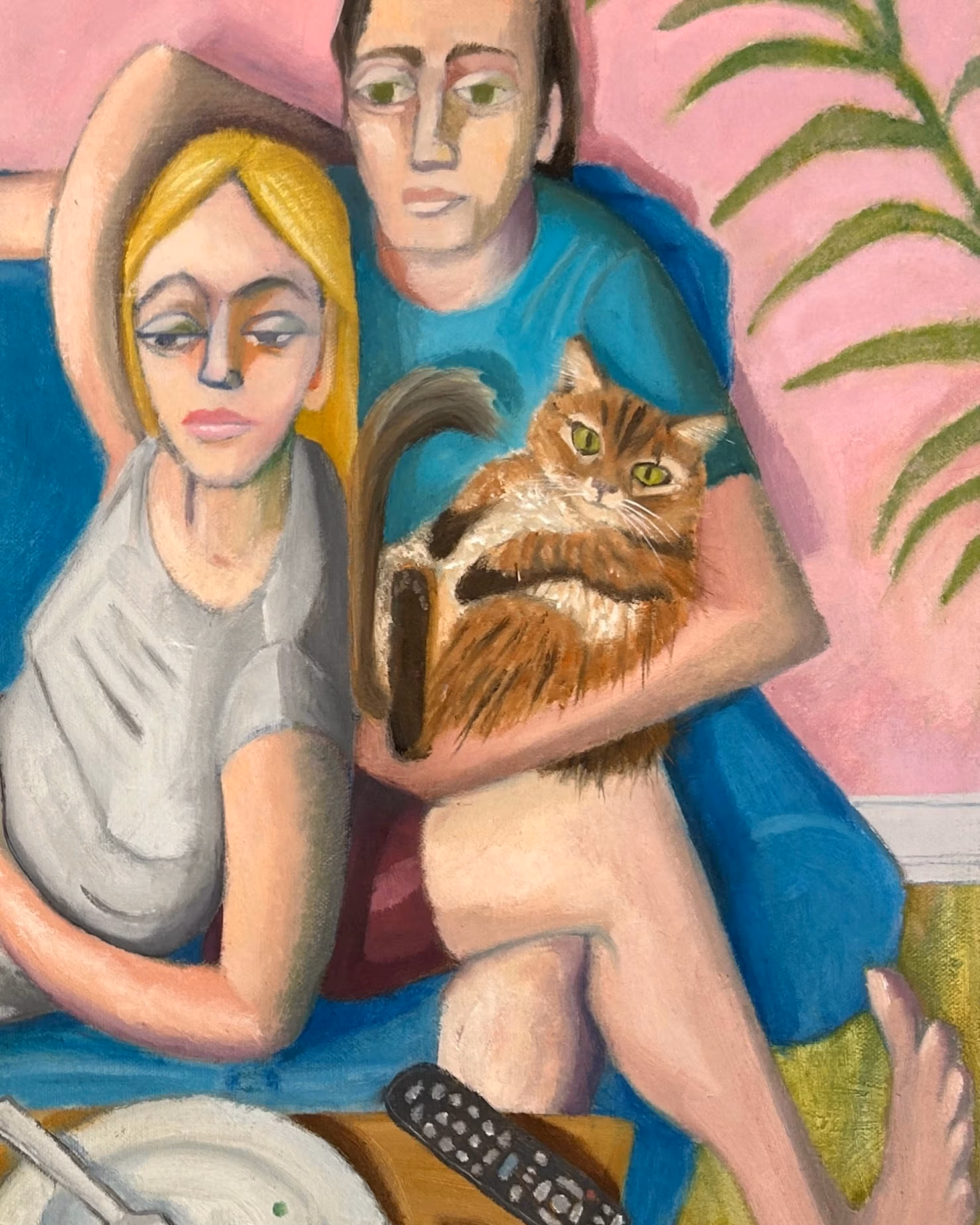 A painting of a domestic scene, featuring a male and a female figure with their cat, seemingly watching an out of view television, while resting on a blue couch. Used dinner plates rest on a coffee table before the figures, and a banana is taped to the pink wall behind them.
