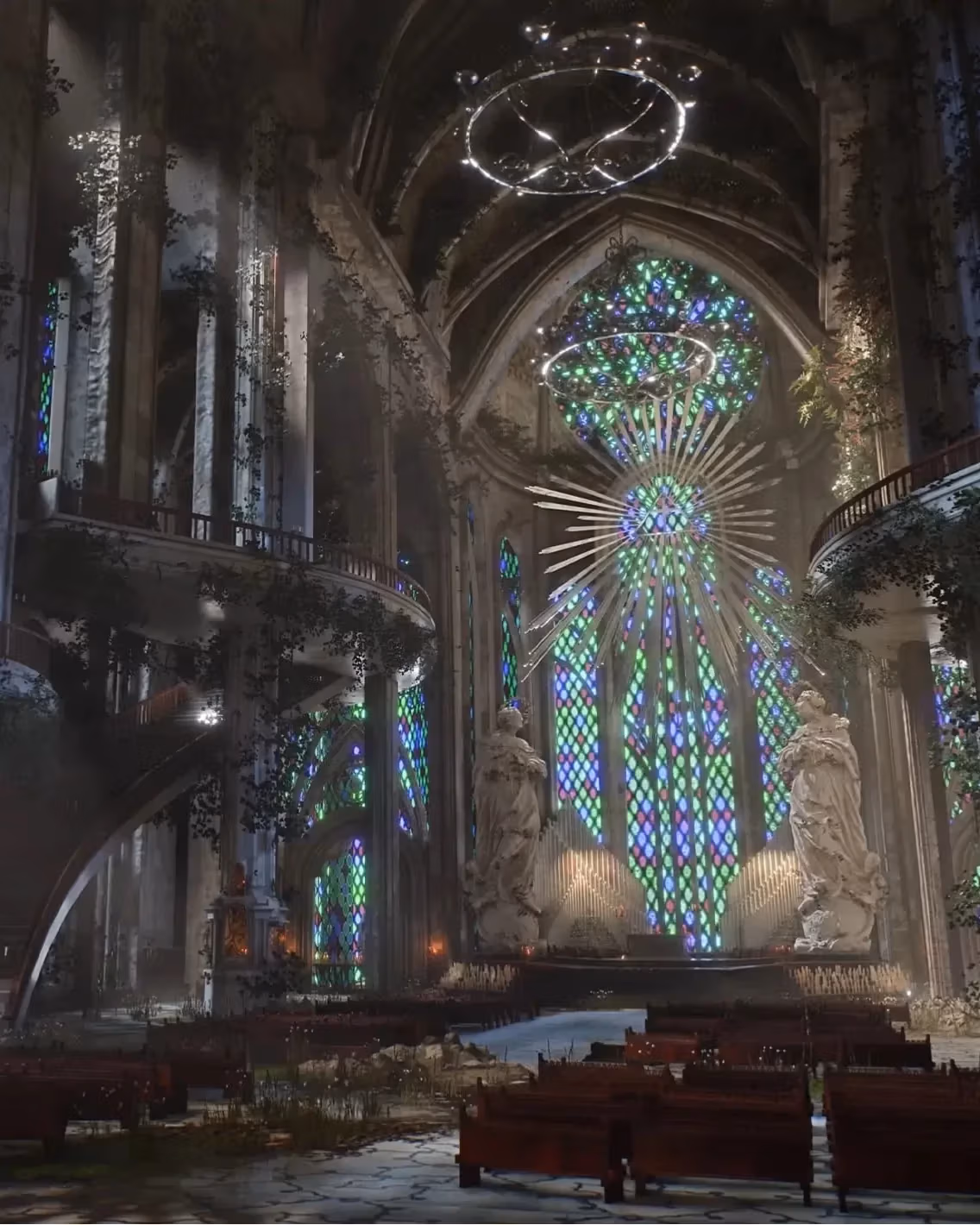 A more dimly lit render of the front of the grand cathedral. The shadows are cool toned and the lighting is slightly warm toned. There are still vines snaking up the walls and pillars, but the stained glass and statues seem rather unaffected.