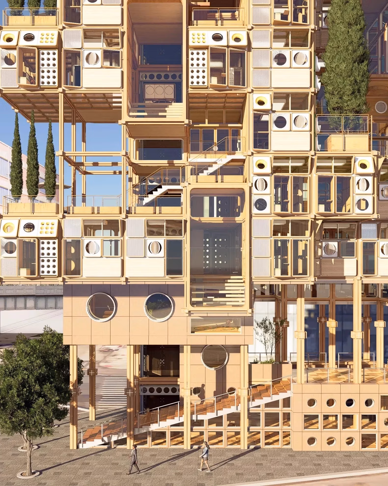 Futuristic modular building with stacked cube units, large windows, and rooftop greenery against a backdrop of glass skyscrapers and a blue sky.