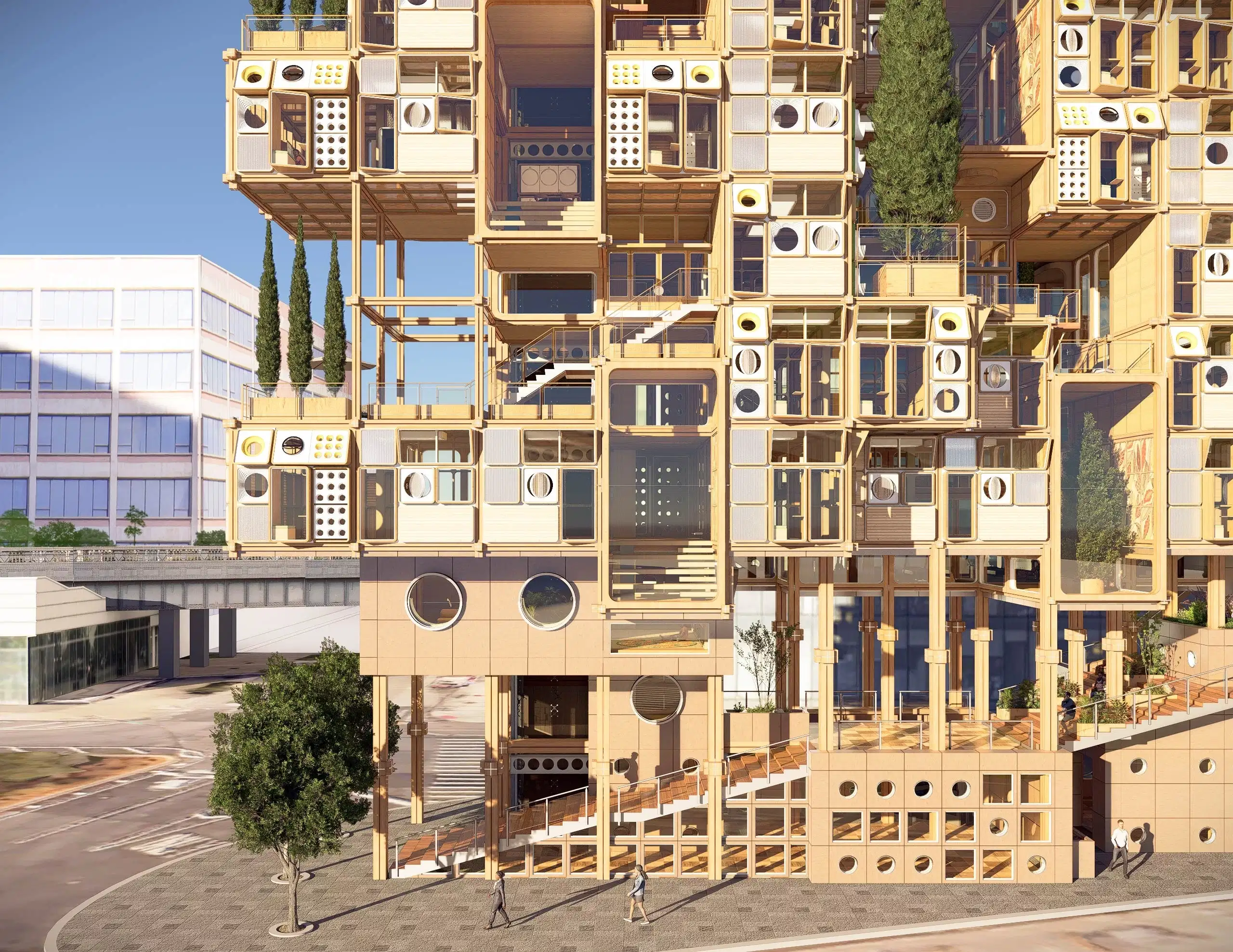 Futuristic modular building with stacked cube units, large windows, and rooftop greenery against a backdrop of glass skyscrapers and a blue sky.