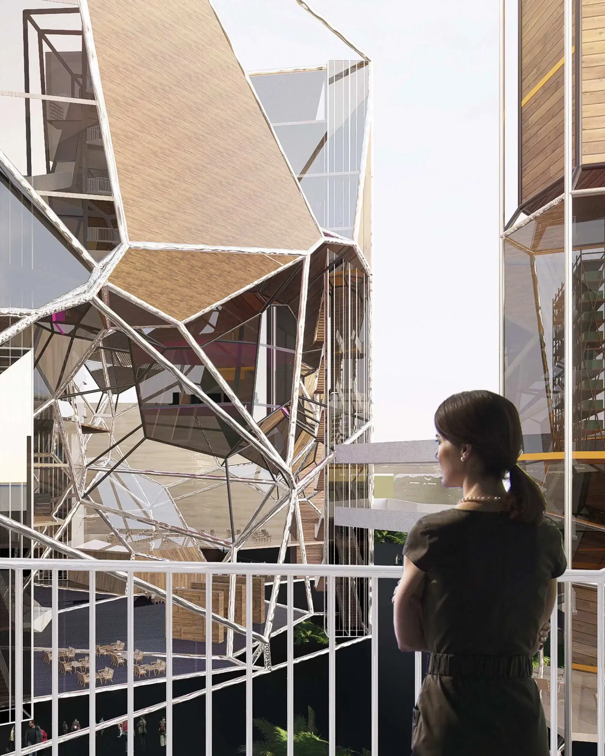 Futuristic architectural interior with angular metal beams and large glass panels. People walk through the sunlit space, creating a modern, dynamic atmosphere.