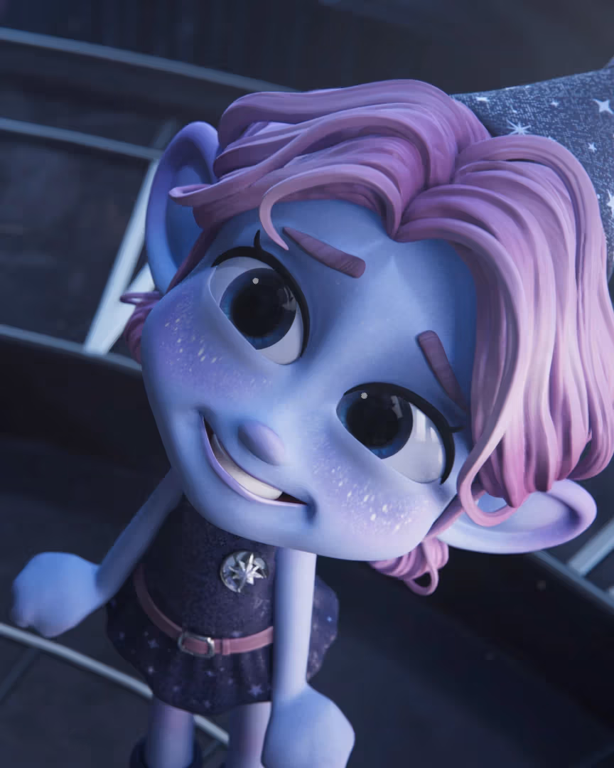 alien figure smiling up at a obscured figure whose back is to the camera