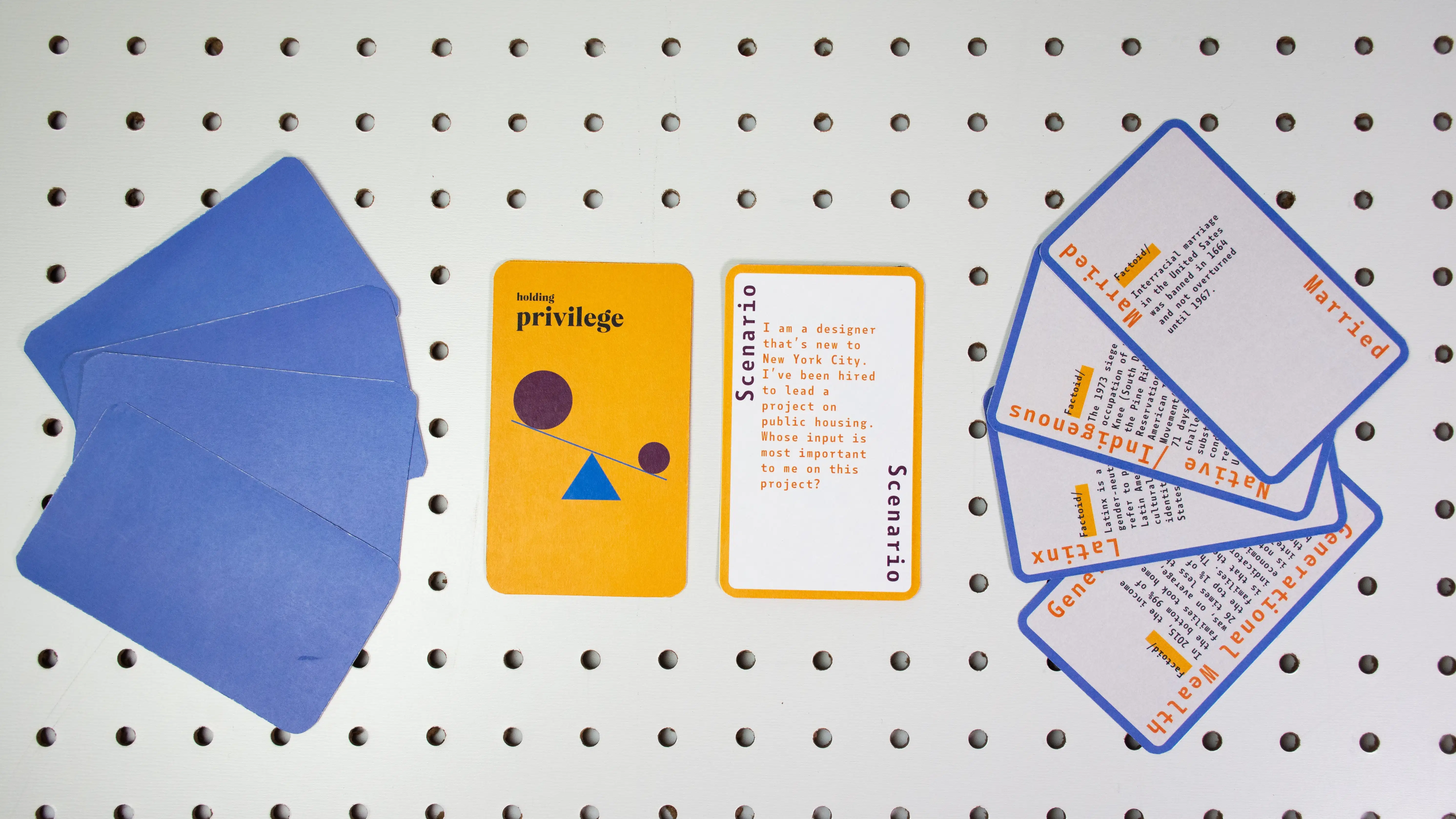 Prototype for a card game with five cards on display: 1.) Front: a random scenario Back: "Holding privilege" with a tipped scale. Four factoid cards display info on generational wealth, Latinx, Native/Indigenous and marriage