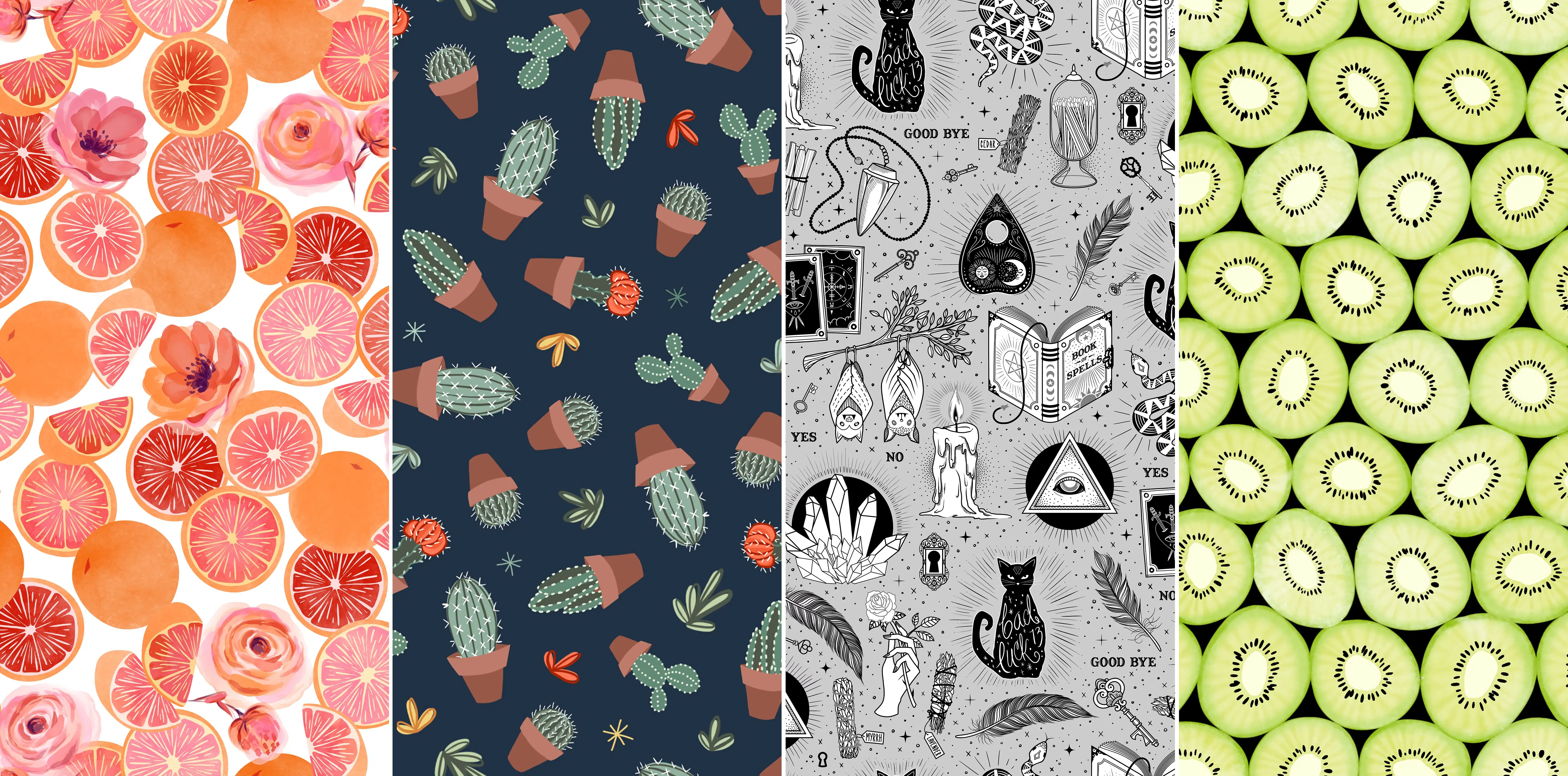 Four panels of fabric patterns. Far left: halved and full oranges with pink and orange flowers; Middle left: various succulent plants on a dark blue backdrop; middle right: cats, feathers, tarot cards and other ritualistic items in black, white and grey; far right: the insides of halved kiwis 