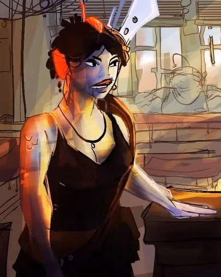 Illustrated scene in a dimly lit cafe with an alien-looking person surprised at the counter. A person in a yellow hoodie listens attentively. Warm lighting.