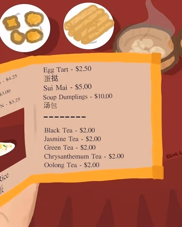Digital illustration of someone holding a Chinese restaurant menu, in the back several foods are spread out on top of a table with a red tablecloth.