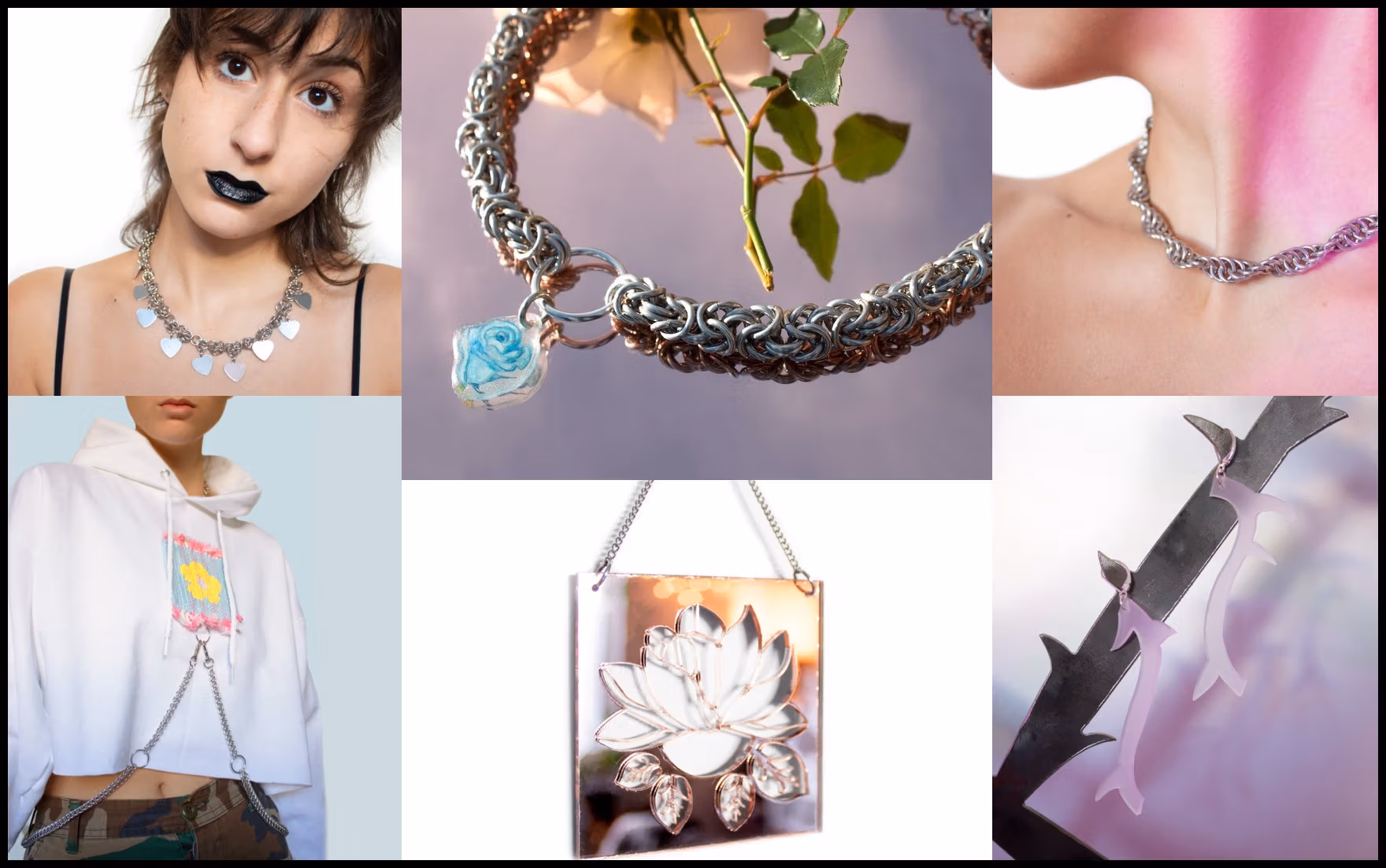 A collage of images of chainmail-based jewelry.
